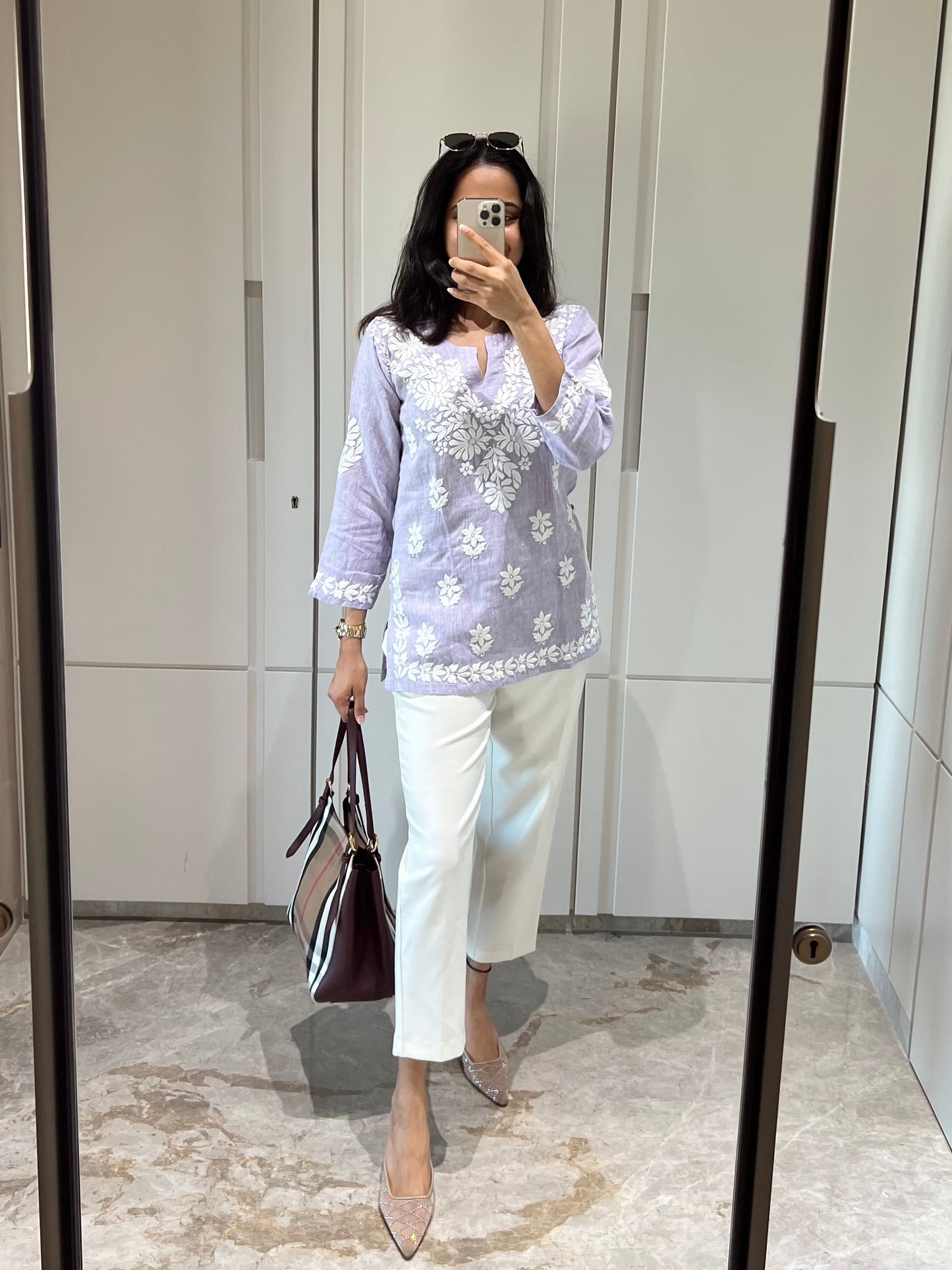 Blue Chikankari Relaxed Linen Short Kurti - Desi Hart