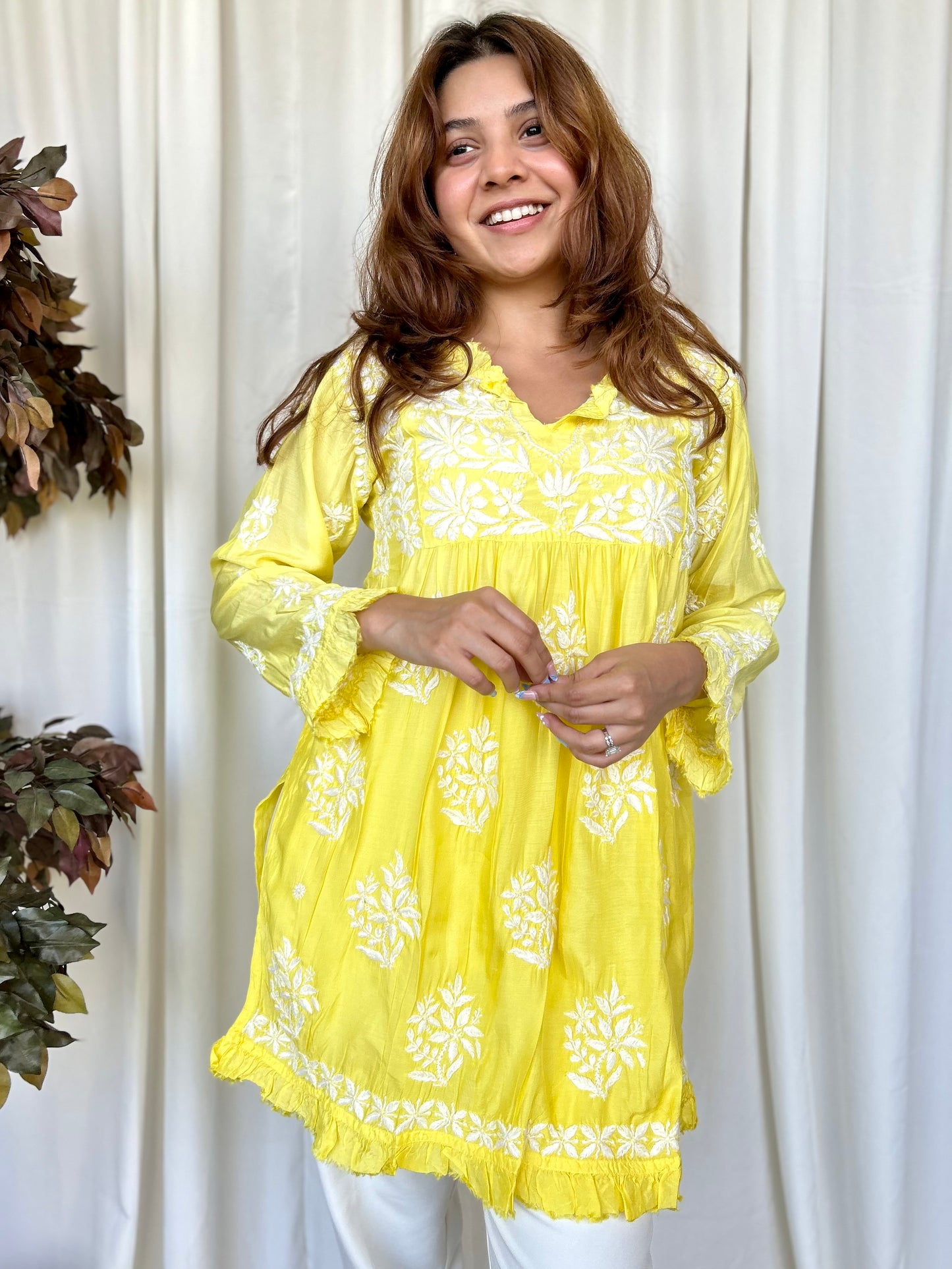 Yellow Chikankari Flared Muslin Short Kurti - Desi Hart