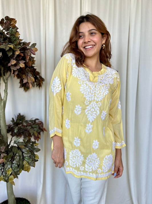 Yellow Chikankari Relaxed Modal Short Kurti - Desi Hart