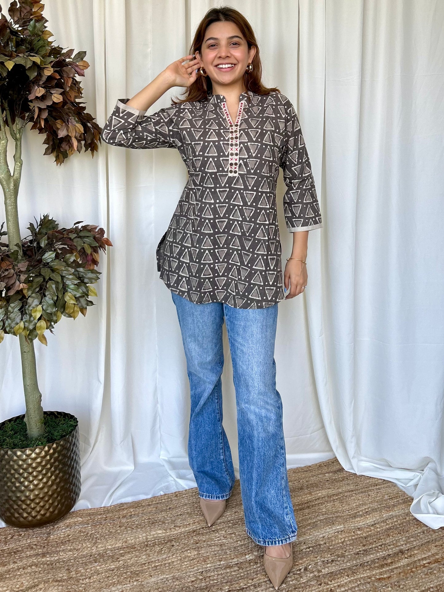 Brown Dabu Straight Cotton Short Kurti - Desi Hart