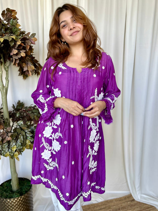 Pink Chikankari Flared Muslin Short Kurti - Desi Hart