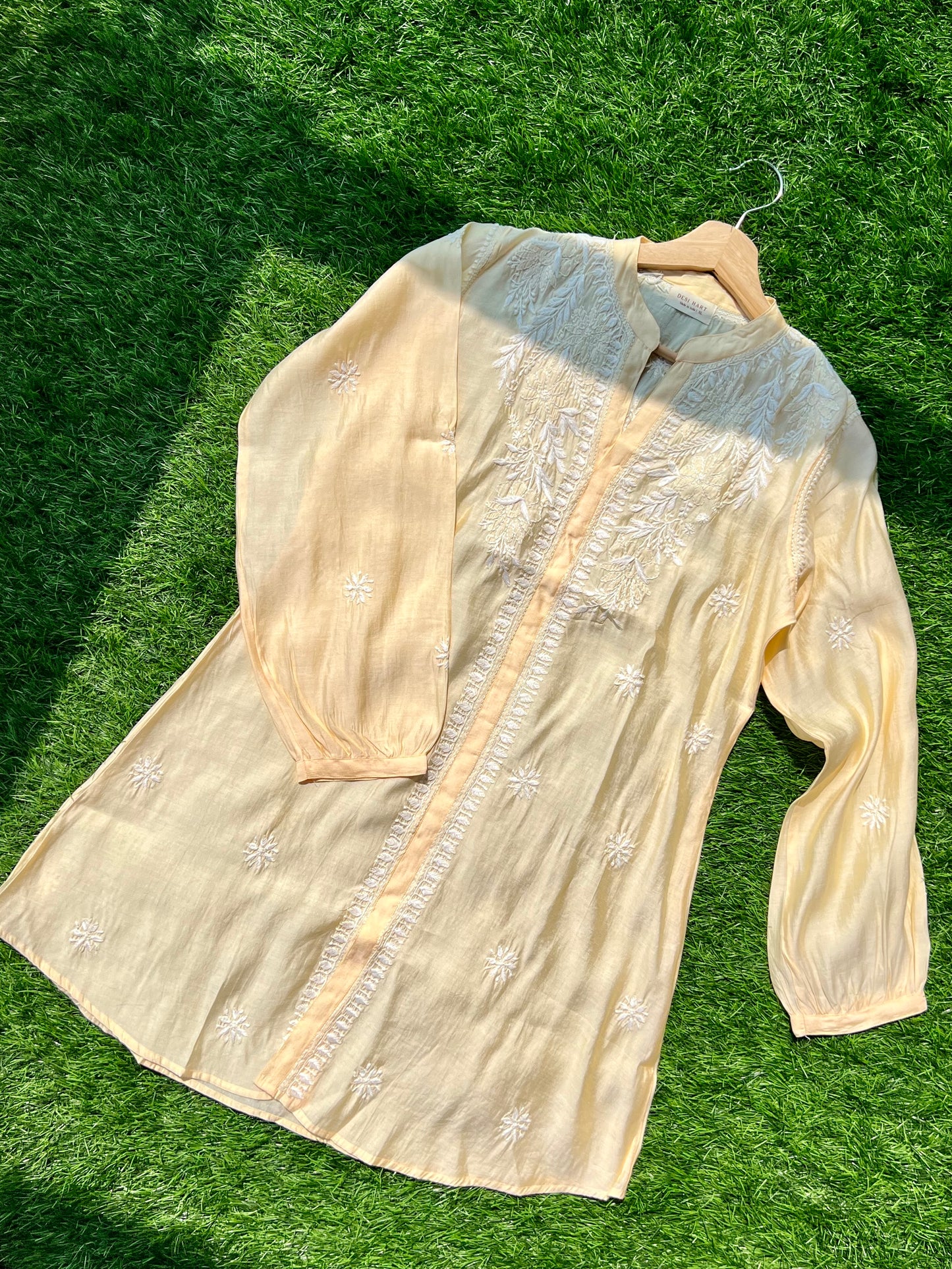 Yellow Chikankari Straight Mul Chanderi Short Kurti - Desi Hart