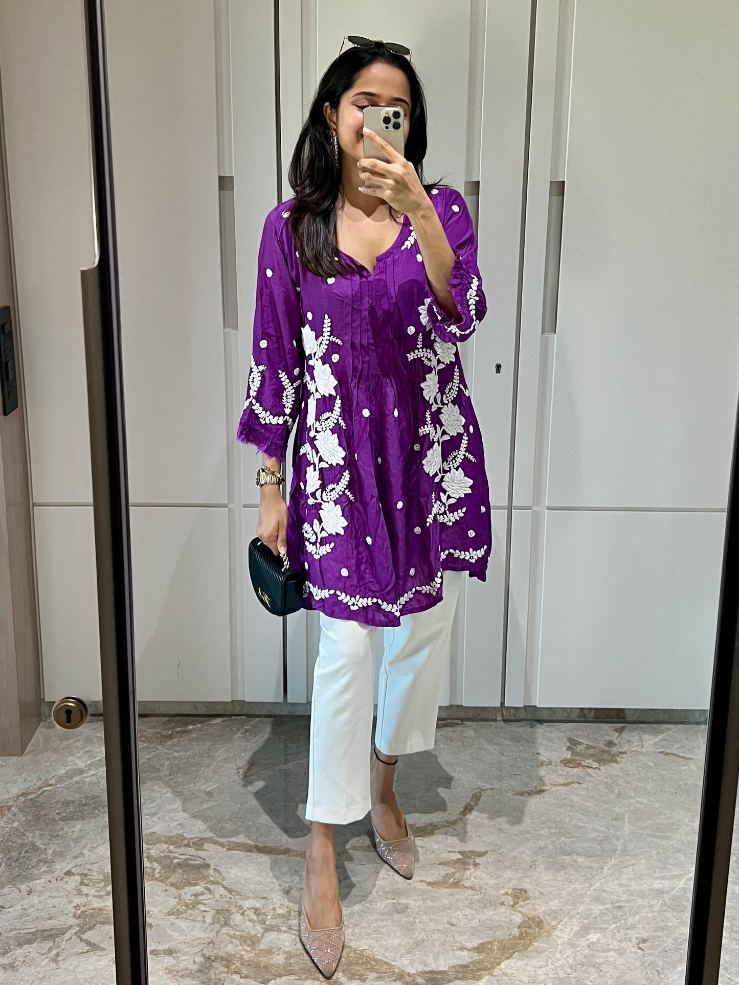 Pink Chikankari Flared Muslin Short Kurti - Desi Hart