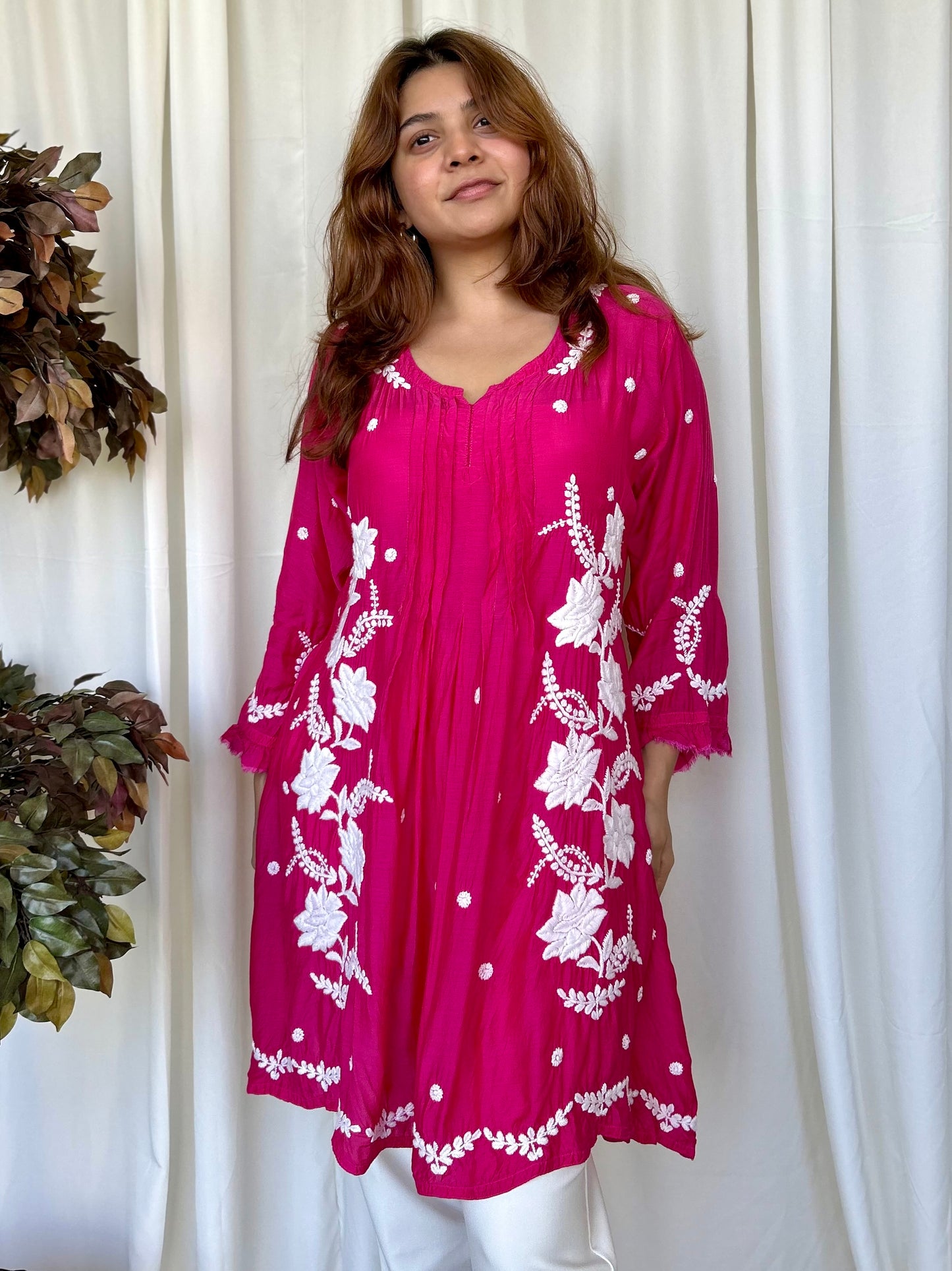 Pink Chikankari Flared Muslin Short Kurti - Desi Hart