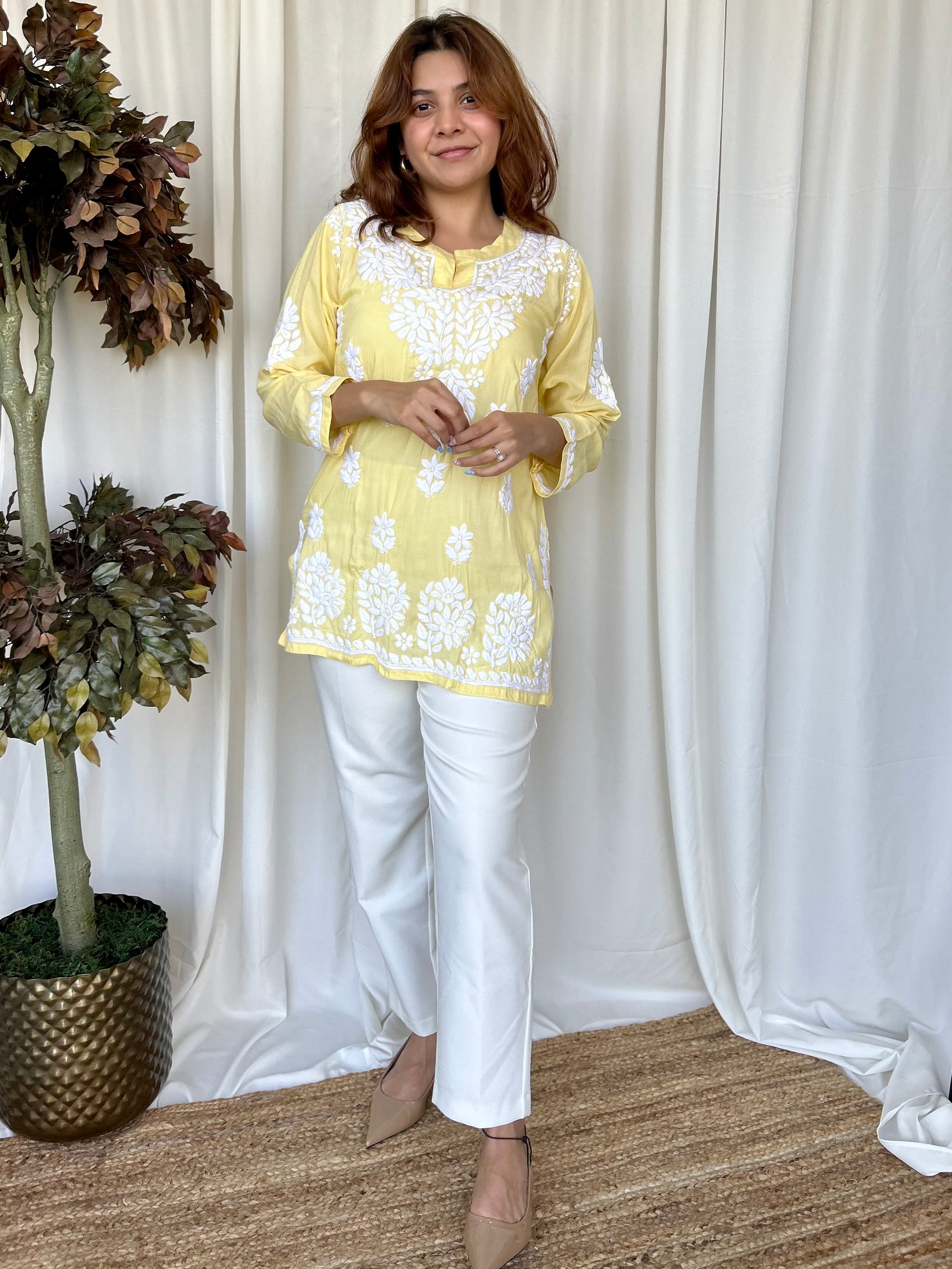 Yellow Chikankari Relaxed Modal Short Kurti - Desi Hart