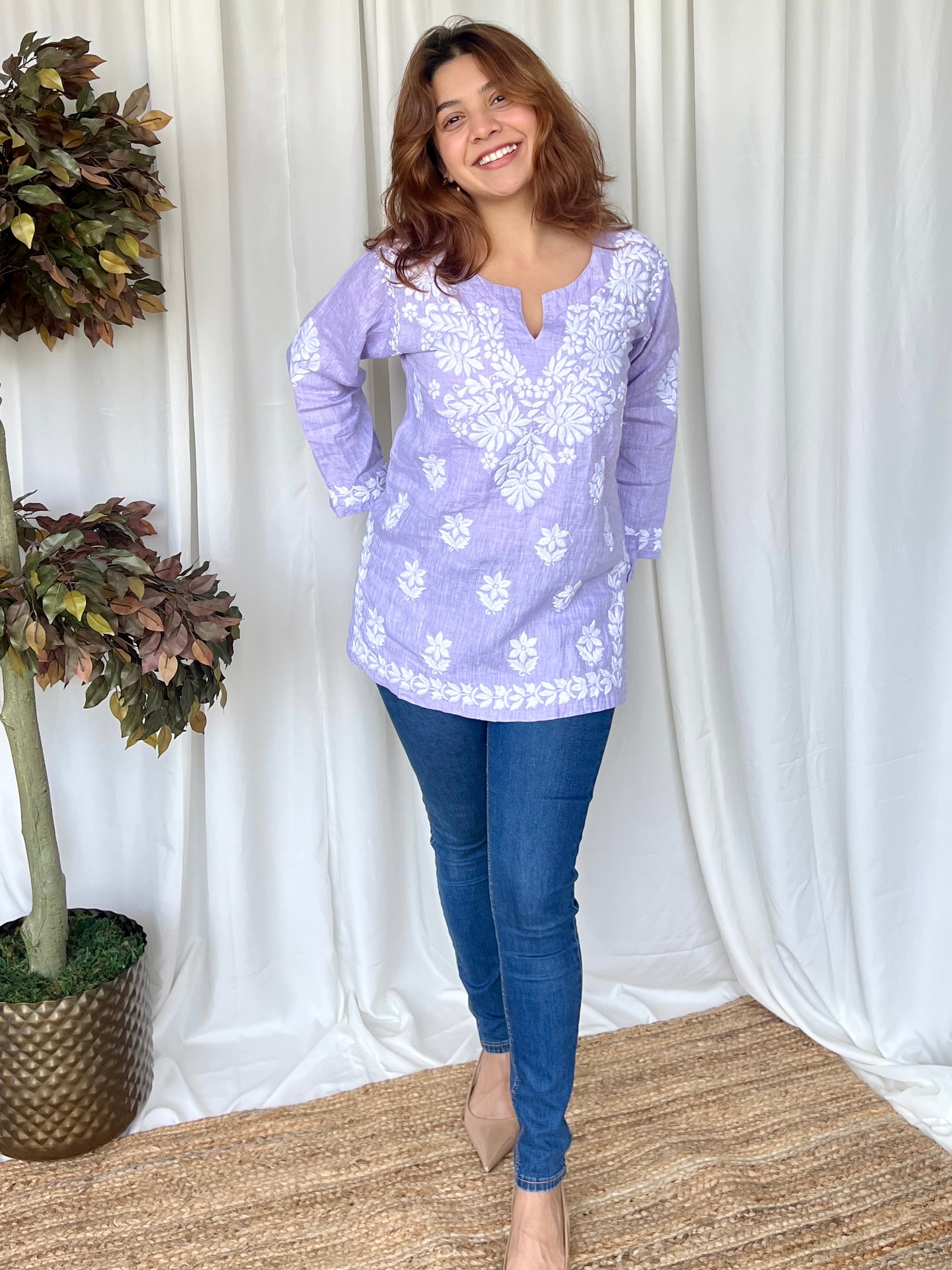 Blue Chikankari Relaxed Linen Short Kurti - Desi Hart