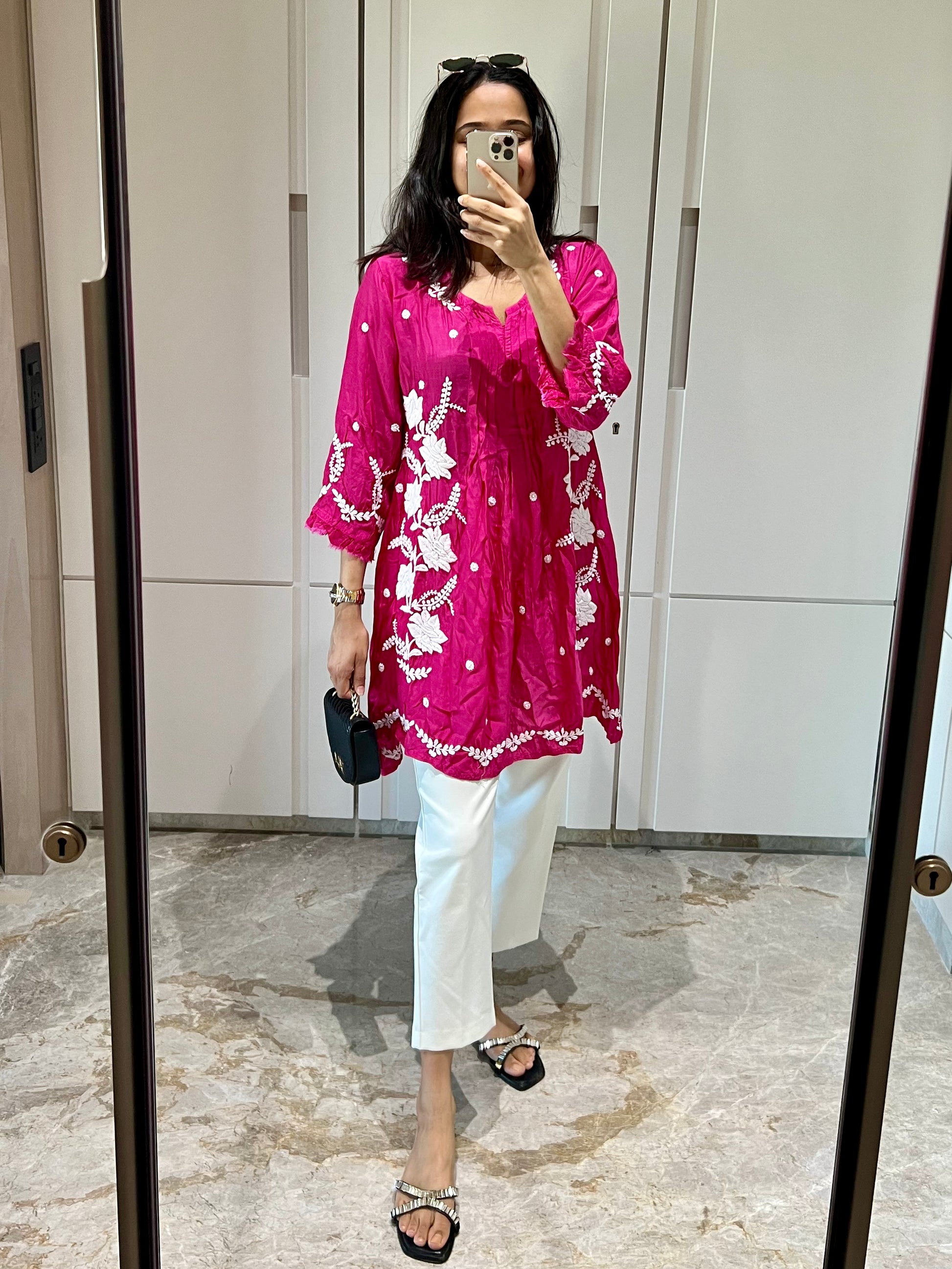 Pink Chikankari Flared Muslin Short Kurti - Desi Hart