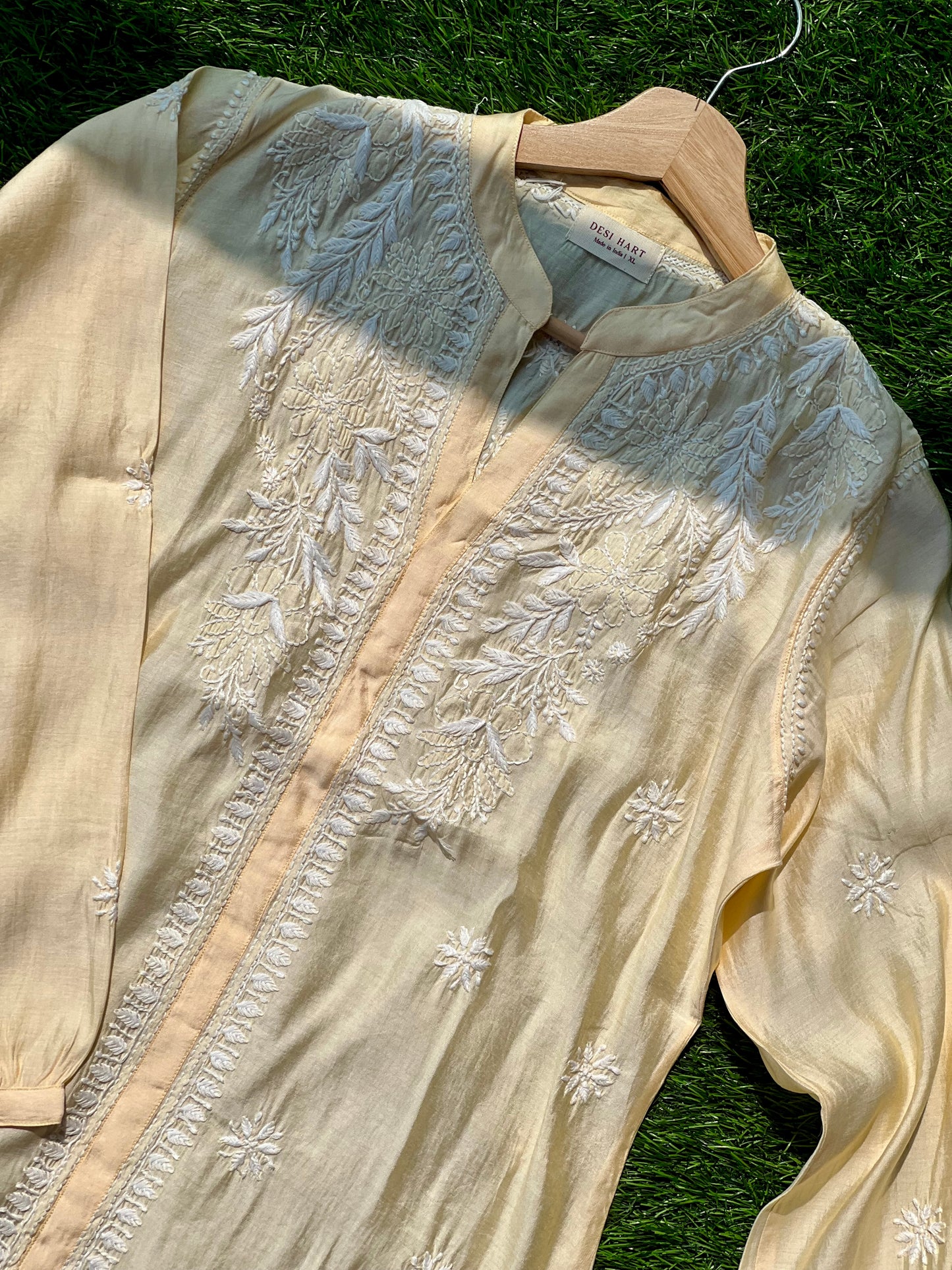 Yellow Chikankari Straight Mul Chanderi Short Kurti - Desi Hart