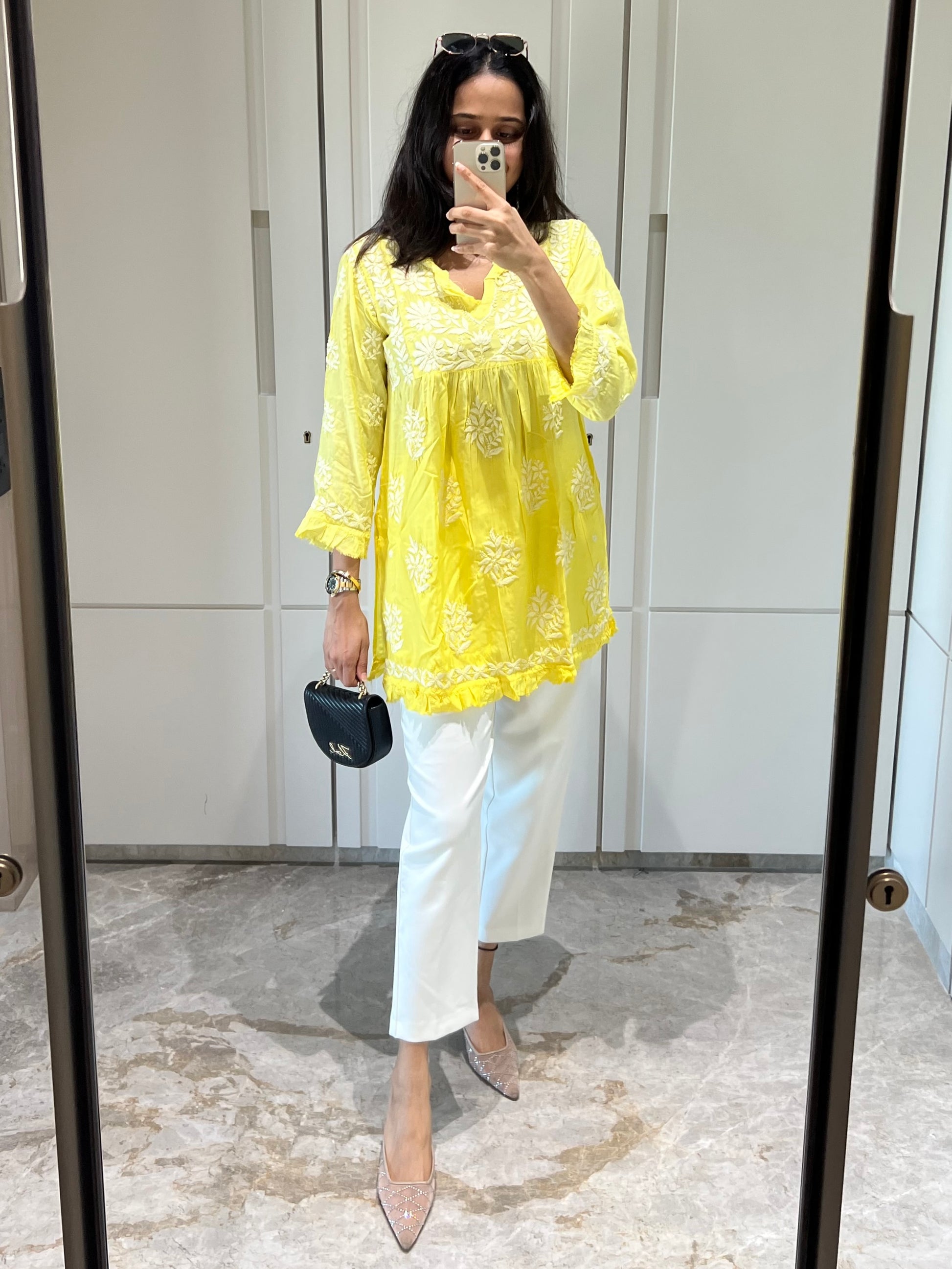 Yellow Chikankari Flared Muslin Short Kurti - Desi Hart