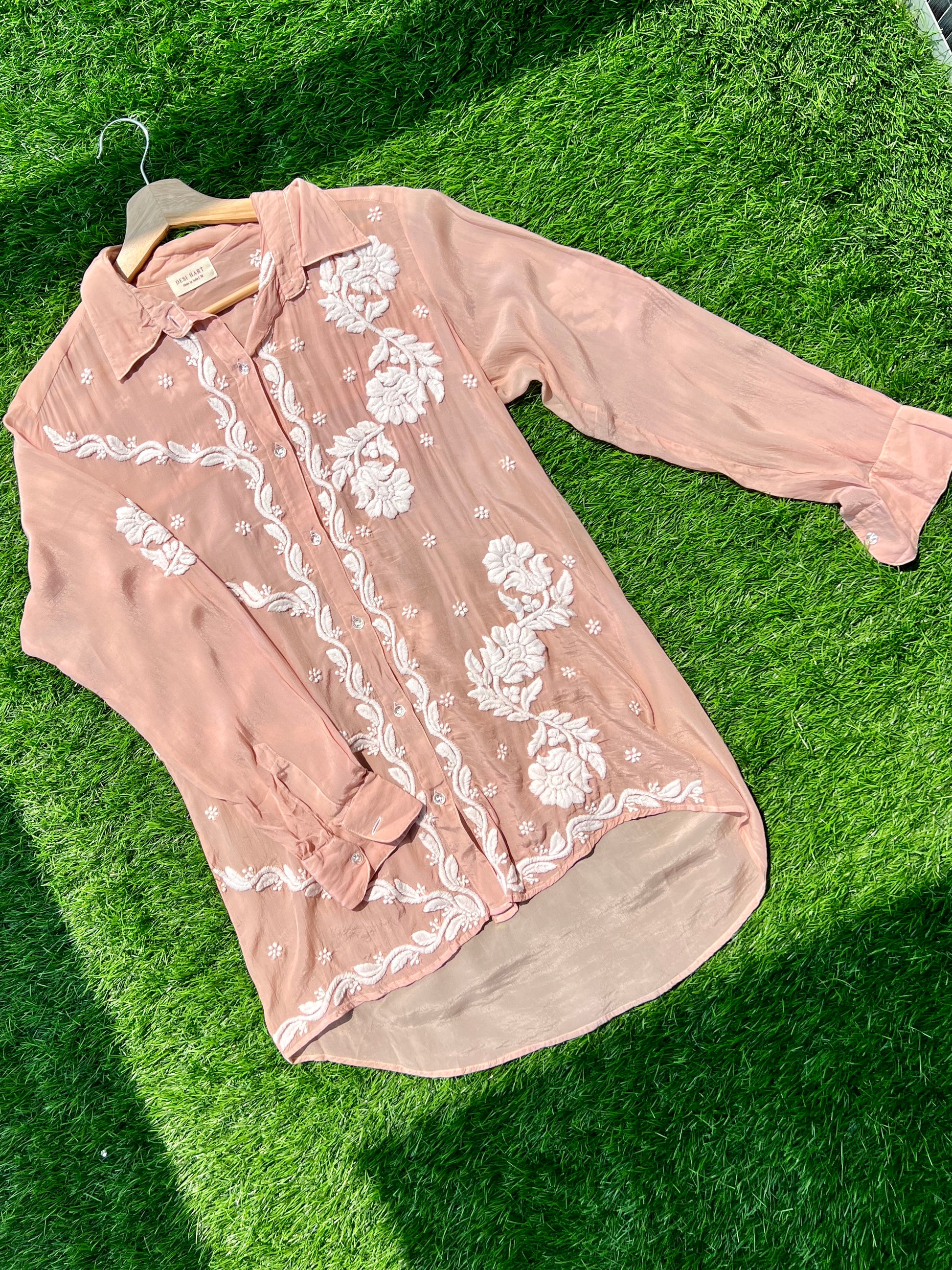 Brown Chikankari Relaxed Muslin Shirt - Desi Hart