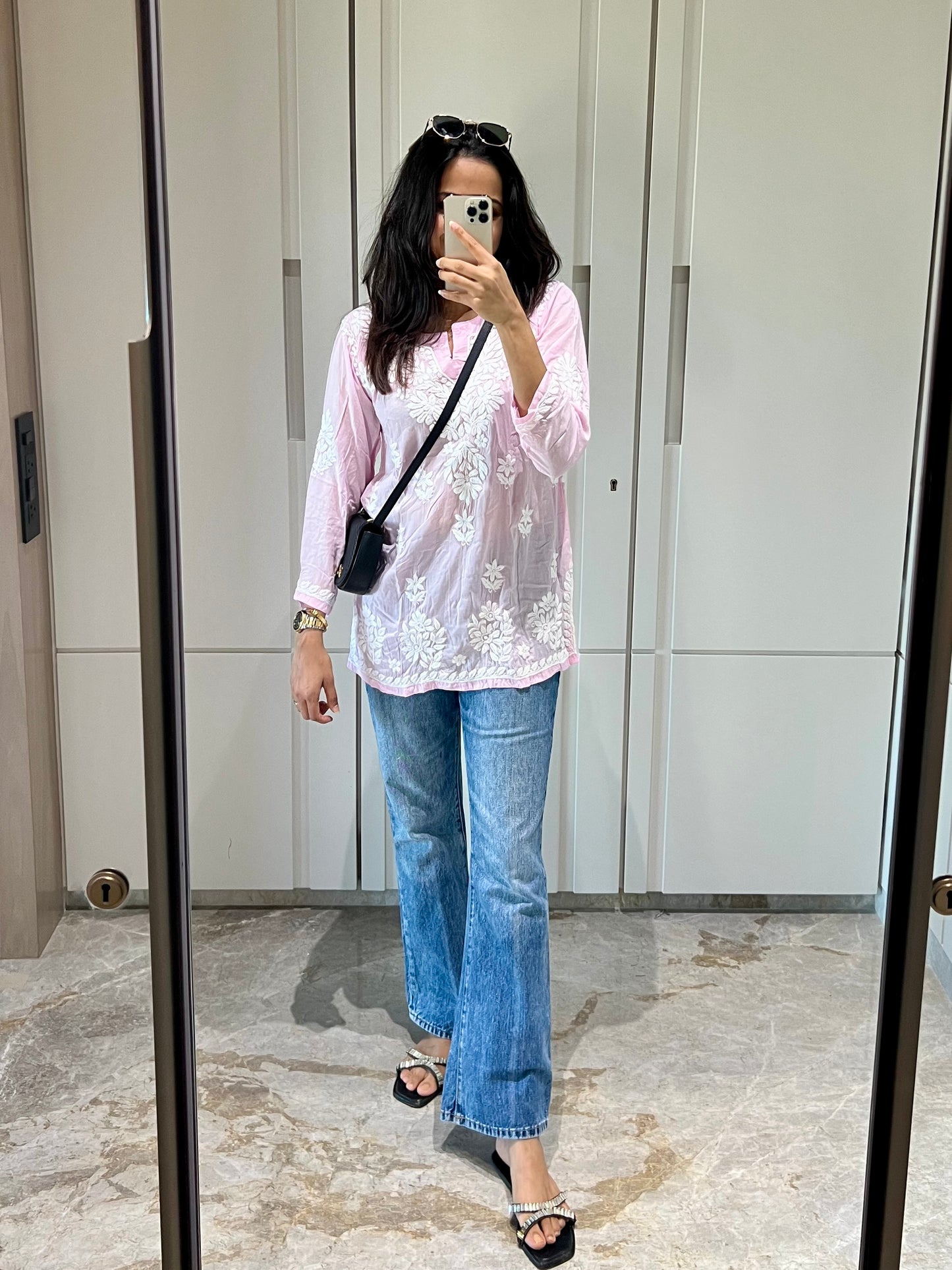 Pink Chikankari Relaxed Modal Short Kurti - Desi Hart