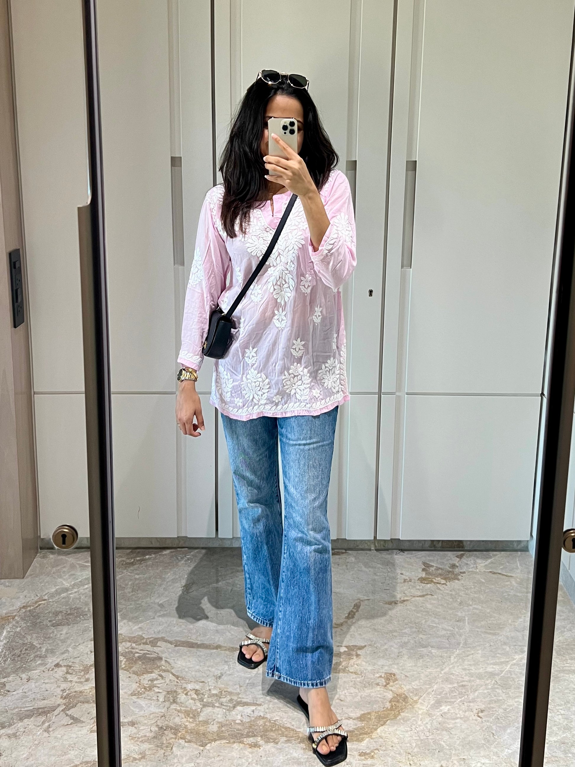 Pink Chikankari Relaxed Modal Short Kurti - Desi Hart