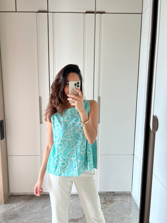 Blue Hand Block Sleeveless Mul Short Top