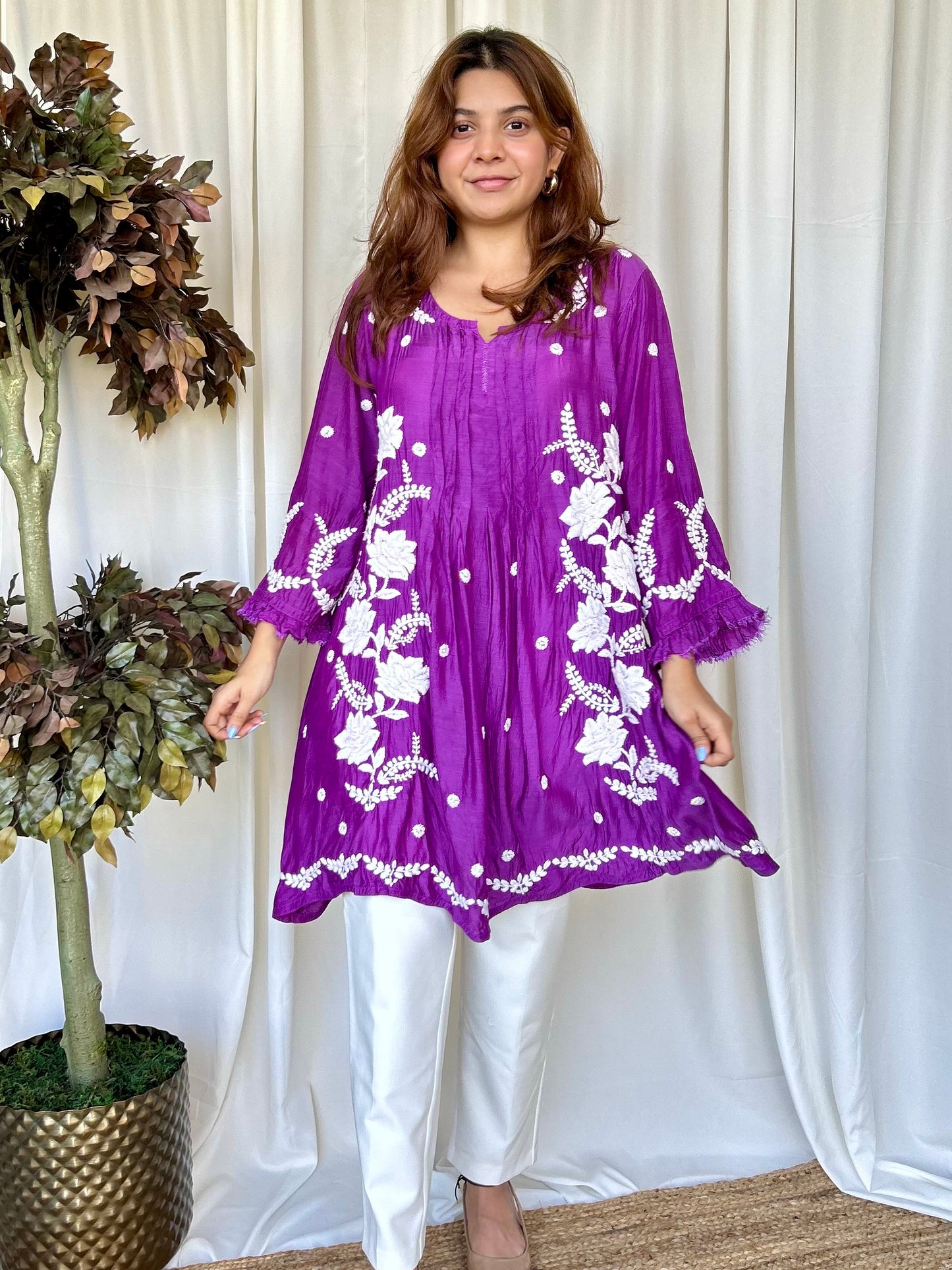 Pink Chikankari Flared Muslin Short Kurti - Desi Hart