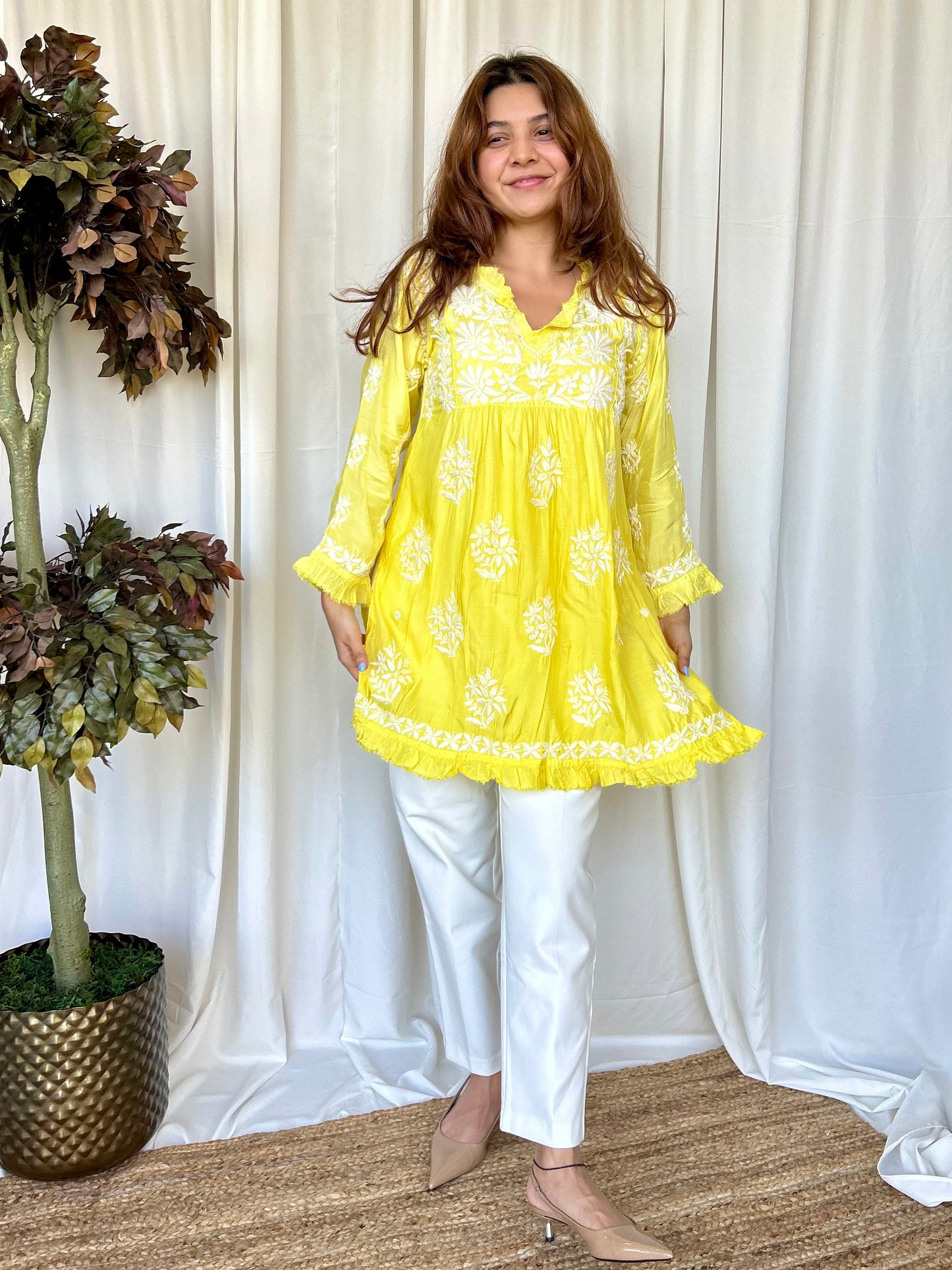 Yellow Chikankari Flared Muslin Short Kurti - Desi Hart