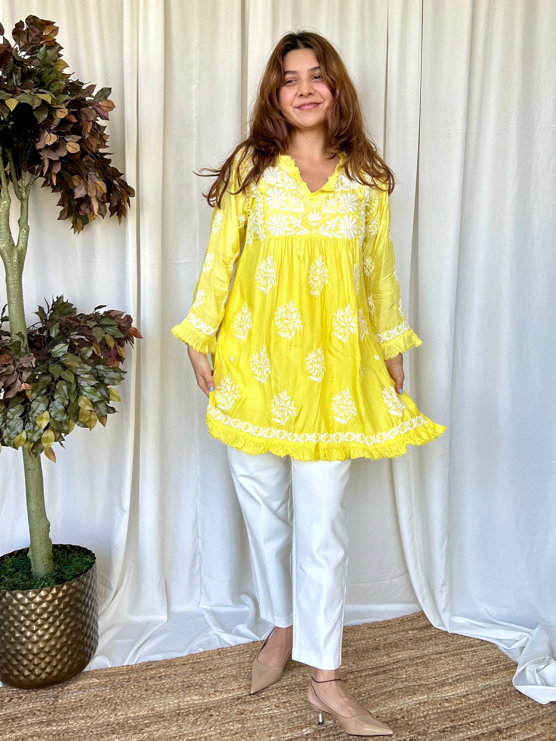 Yellow Chikankari Flared Muslin Short Kurti - Desi Hart