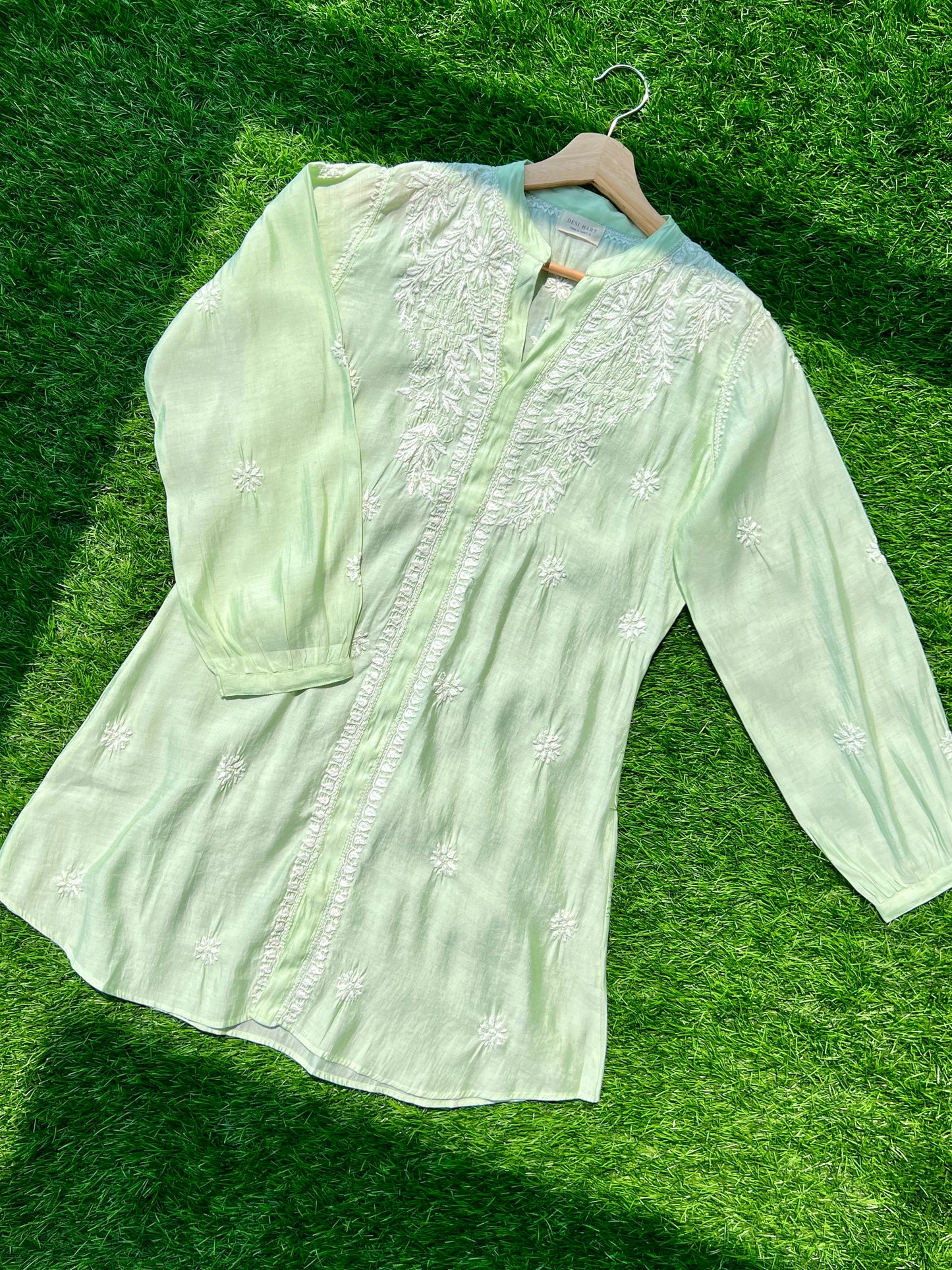 Green Chikankari Straight Mul Chanderi Short Kurti - Desi Hart