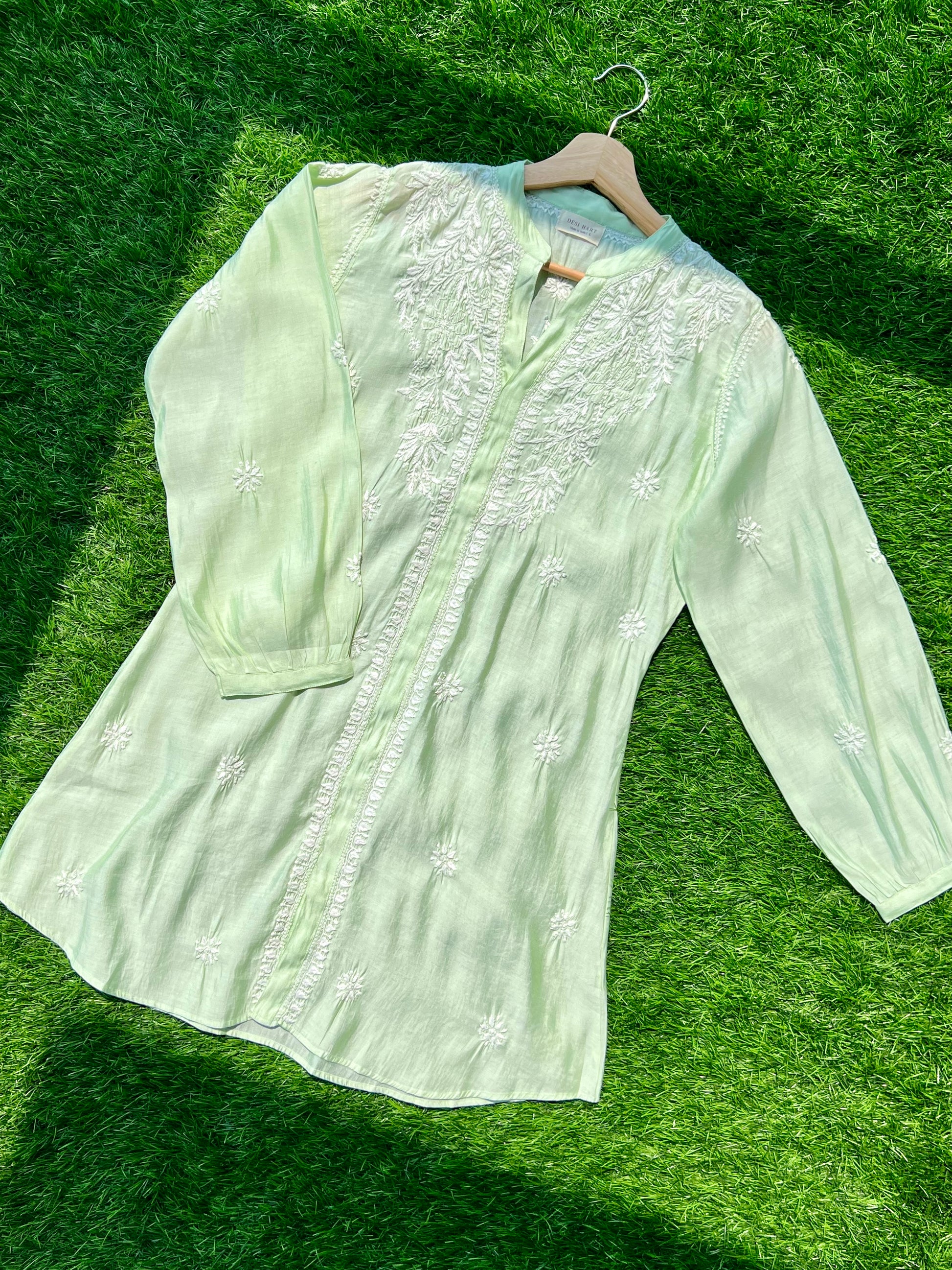 Green Chikankari Straight Mul Chanderi Short Kurti - Desi Hart