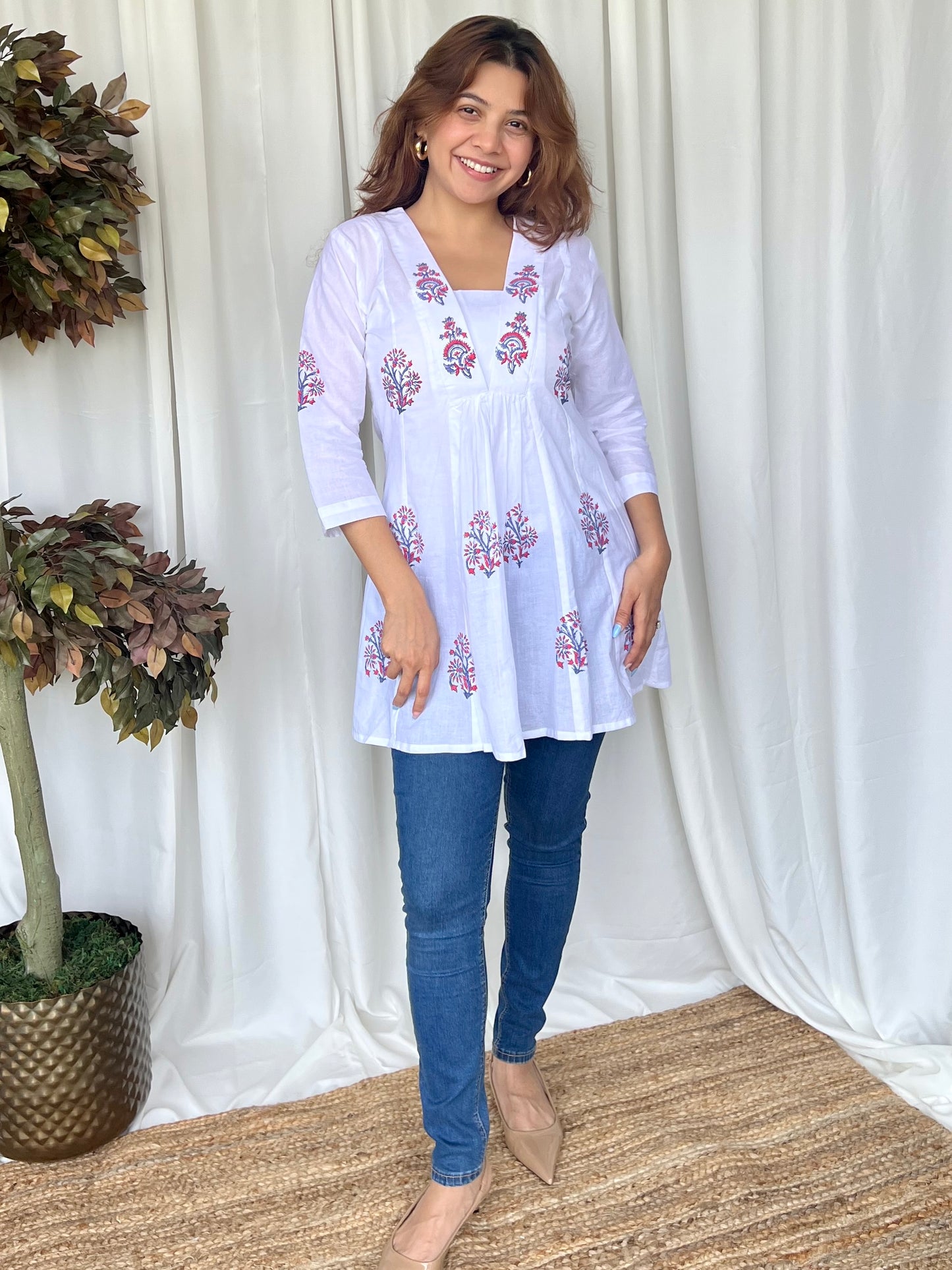 White Hand Block Flared Cotton Short Kurti - Desi Hart