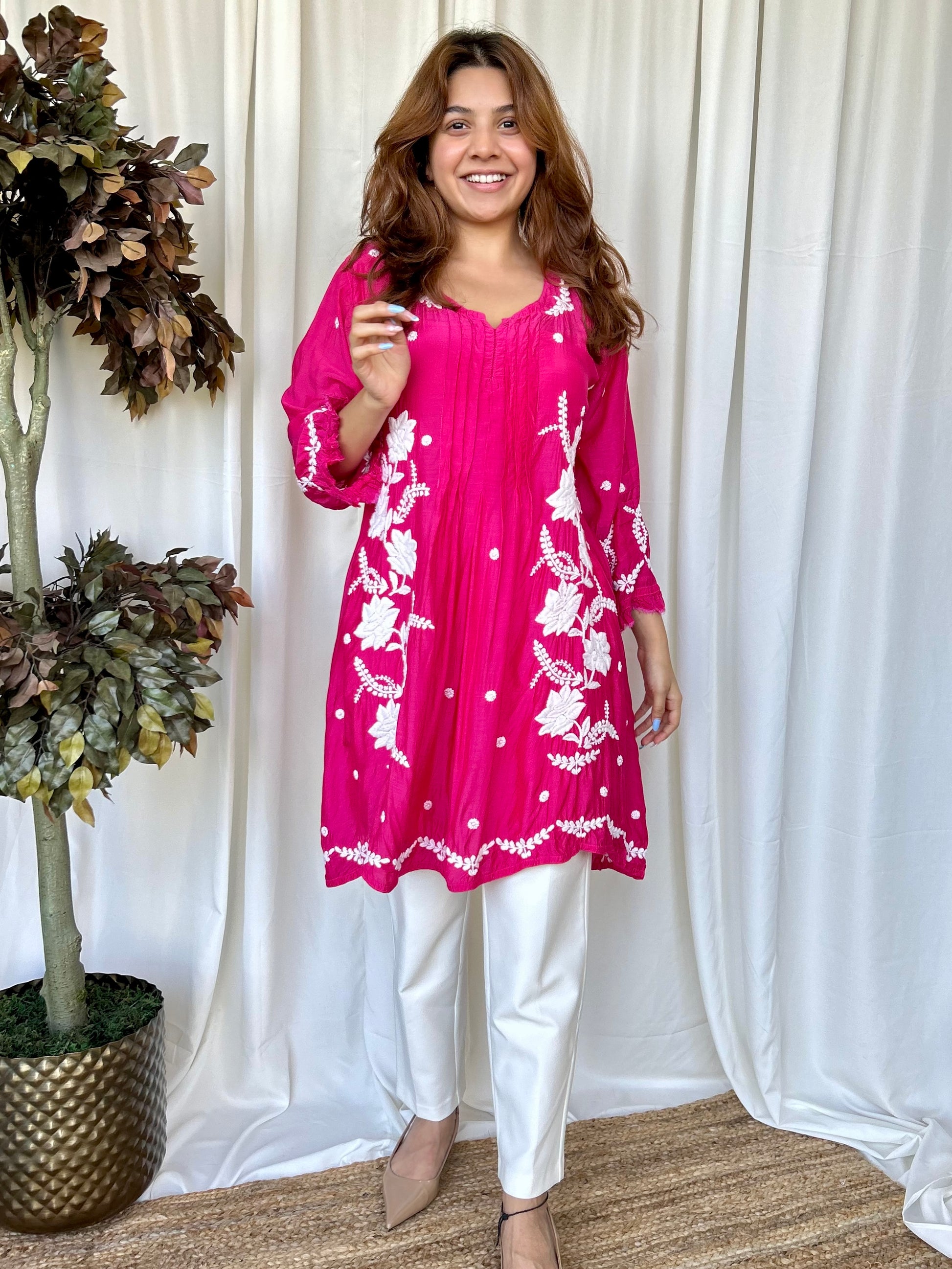 Pink Chikankari Flared Muslin Short Kurti - Desi Hart