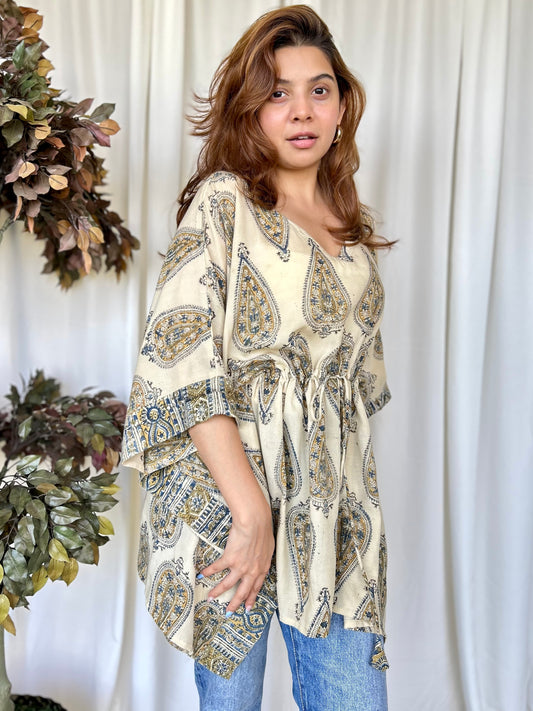 Cream Kalamkari Relaxed Modal Short Top - Desi Hart