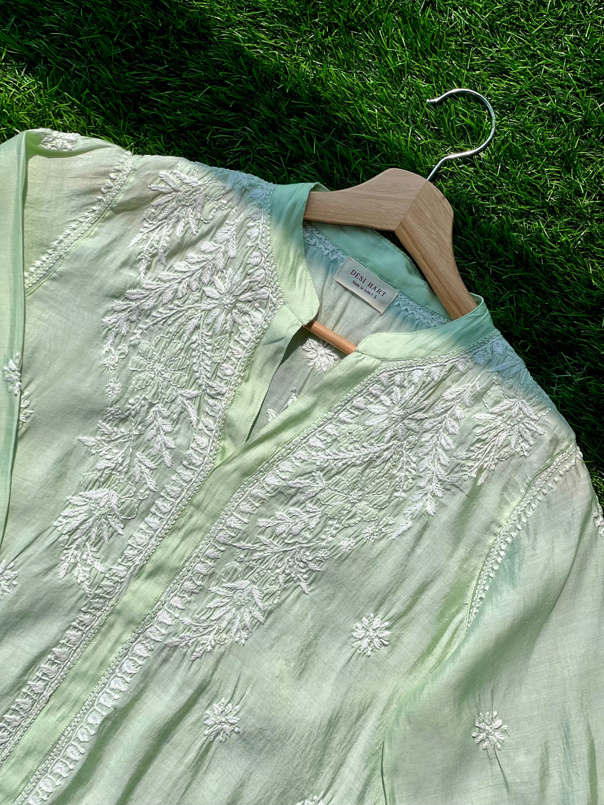 Green Chikankari Straight Mul Chanderi Short Kurti - Desi Hart