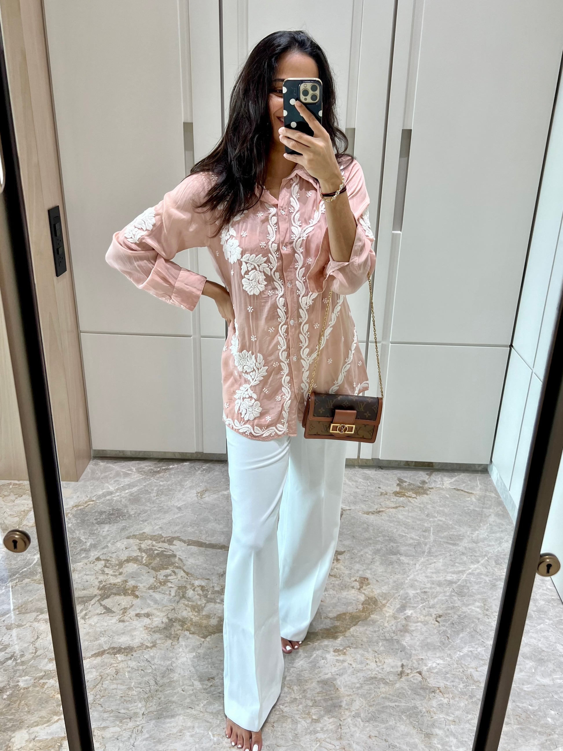 Brown Chikankari Relaxed Muslin Shirt - Desi Hart