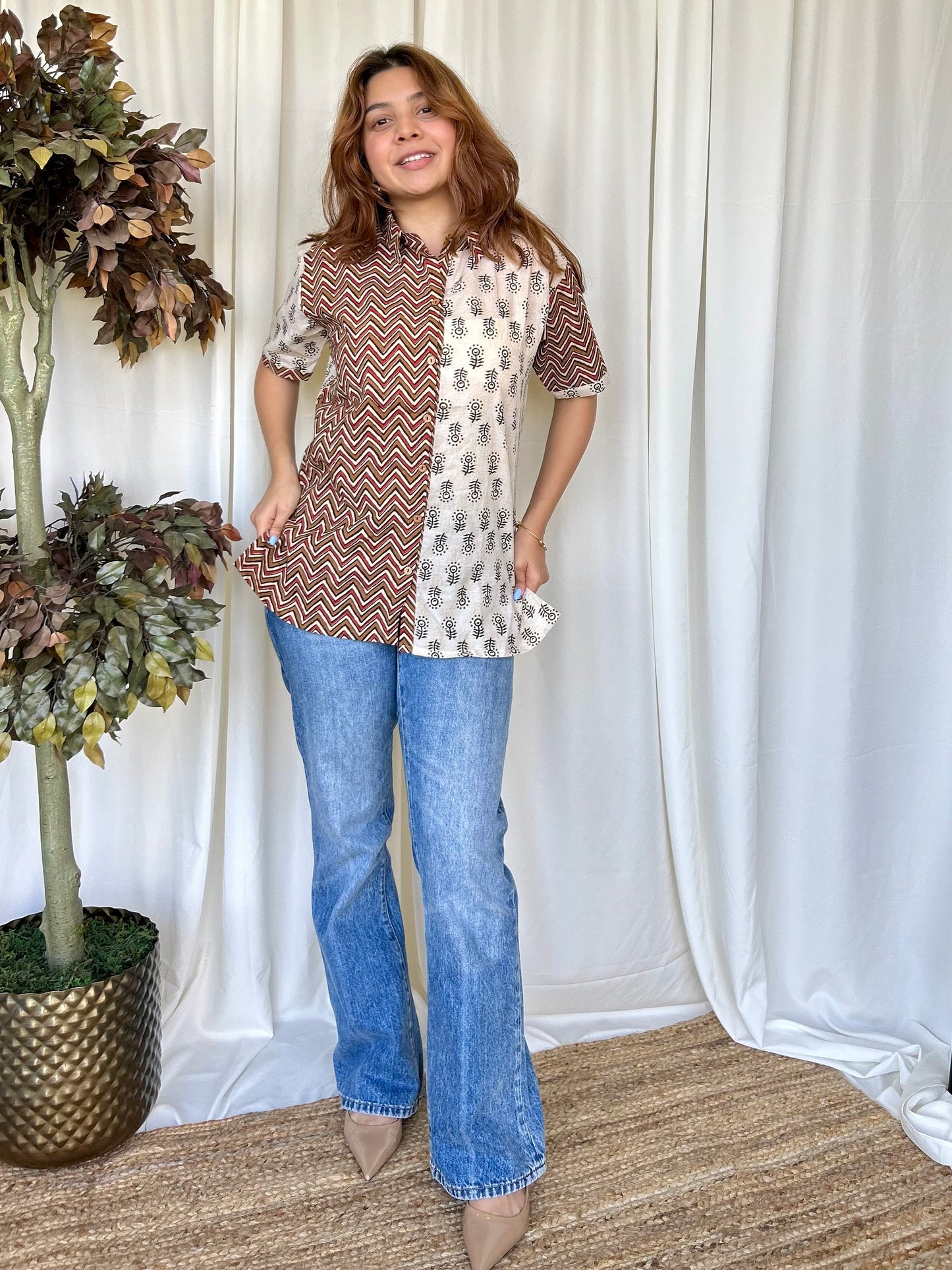 Multi Colour Hand Block Relaxed Cotton Shirt - Desi Hart