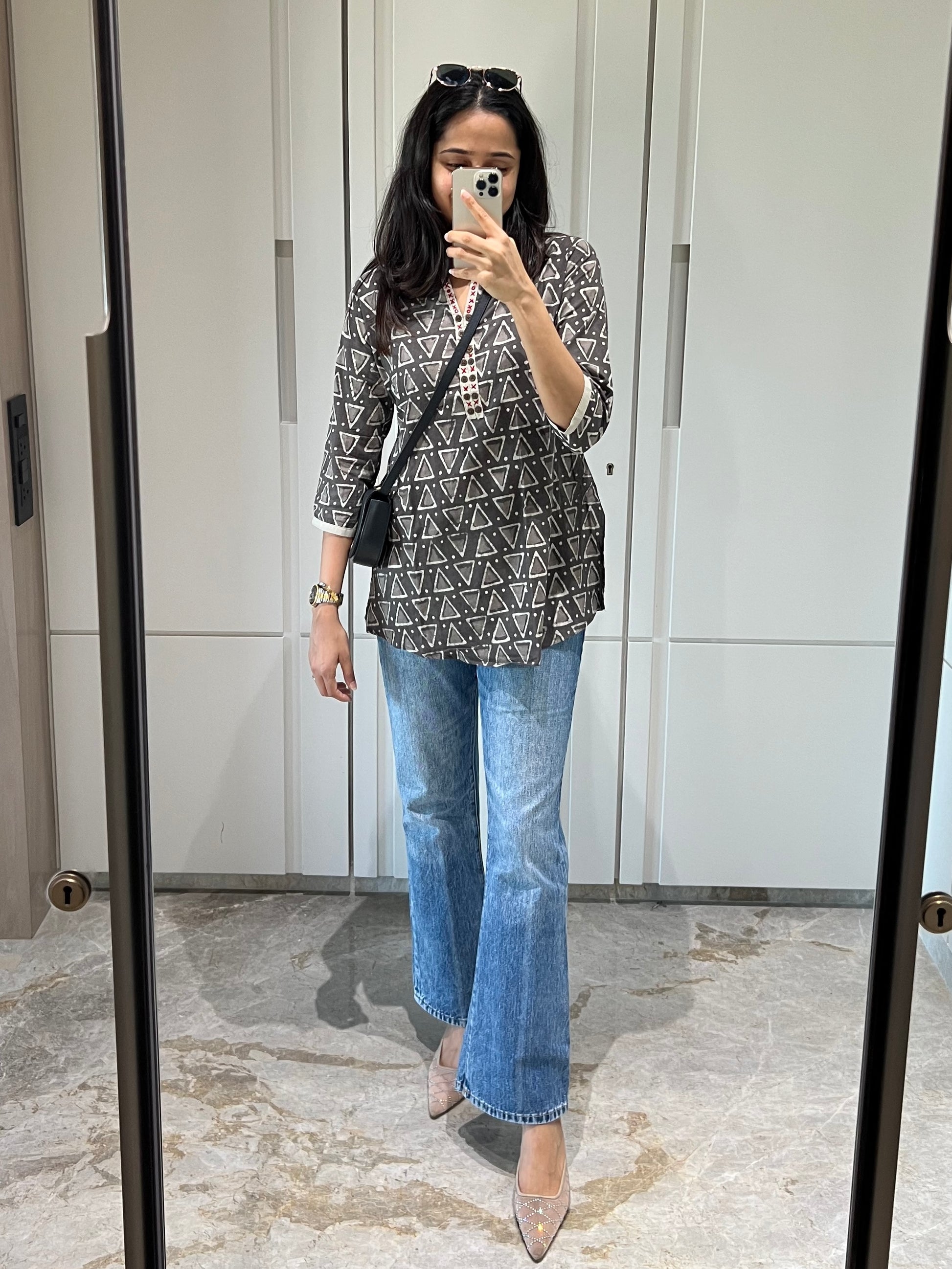 Brown Dabu Straight Cotton Short Kurti - Desi Hart