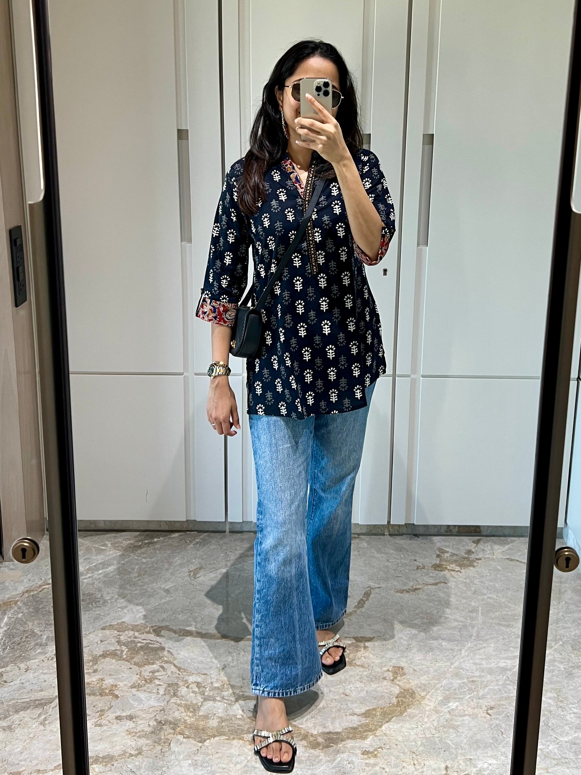 Black Hand Block Straight Cotton Short Kurti - Desi Hart