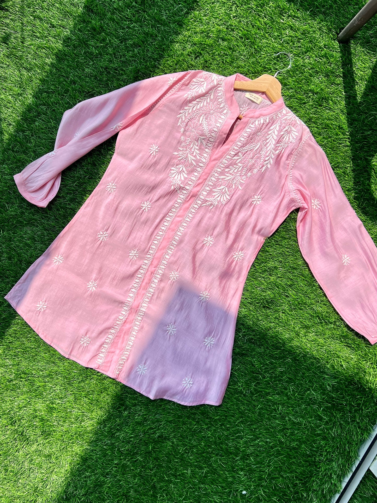 Pink Chikankari Straight Mul Chanderi Short Kurti - Desi Hart