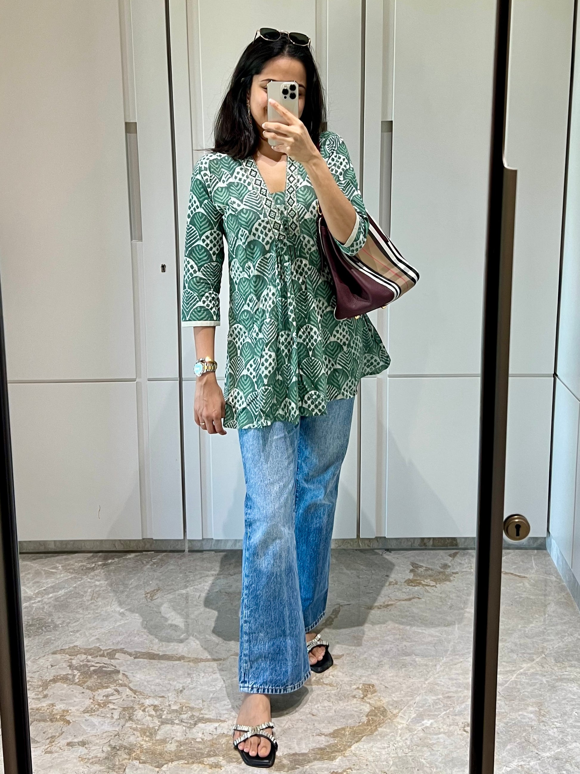 Green Dabu Flared Cotton Short Kurti - Desi Hart