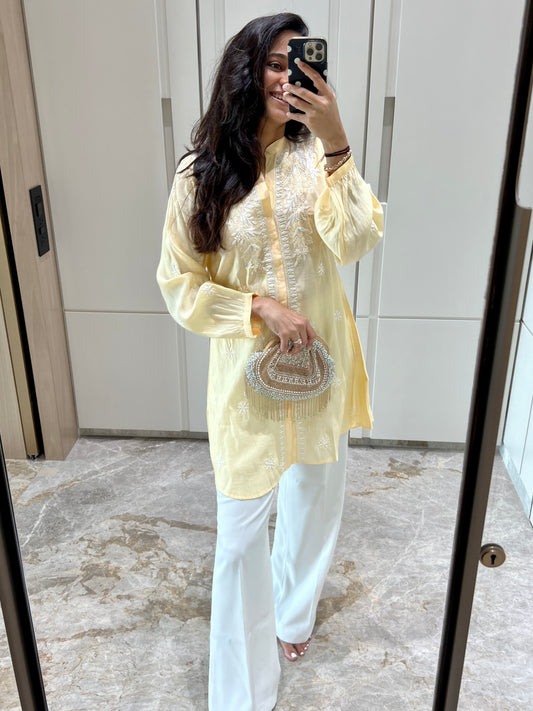 Yellow Chikankari Straight Mul Chanderi Short Kurti - Desi Hart