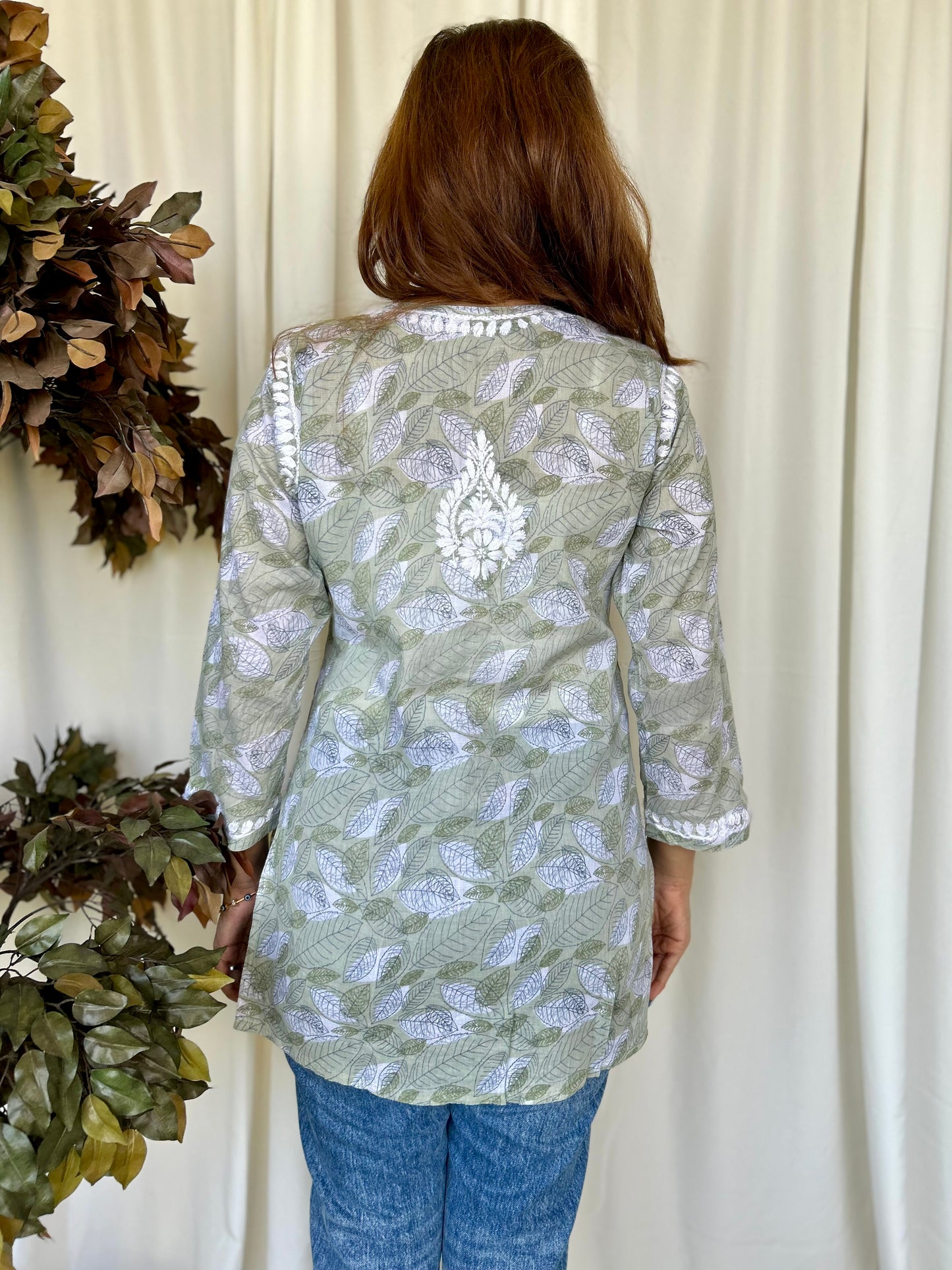 Green Chikankari Straight Mul Short Kurti - Desi Hart