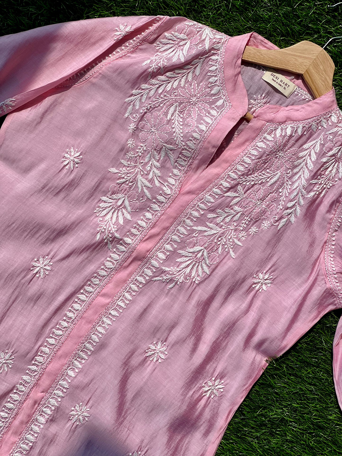 Pink Chikankari Straight Mul Chanderi Short Kurti - Desi Hart