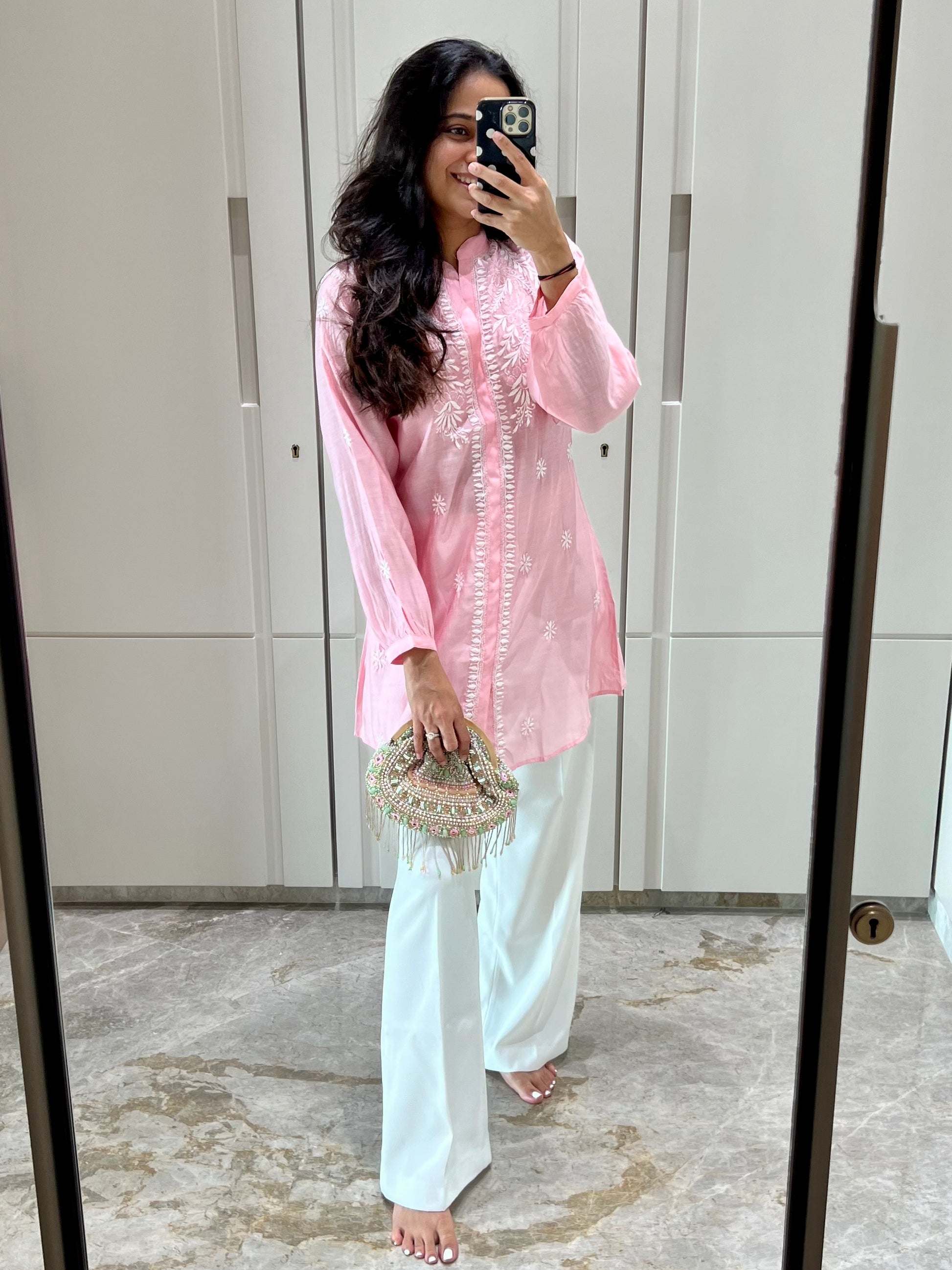 Pink Chikankari Straight Mul Chanderi Short Kurti - Desi Hart