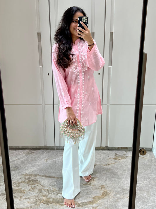 Pink Chikankari Straight Mul Chanderi Short Kurti - Desi Hart