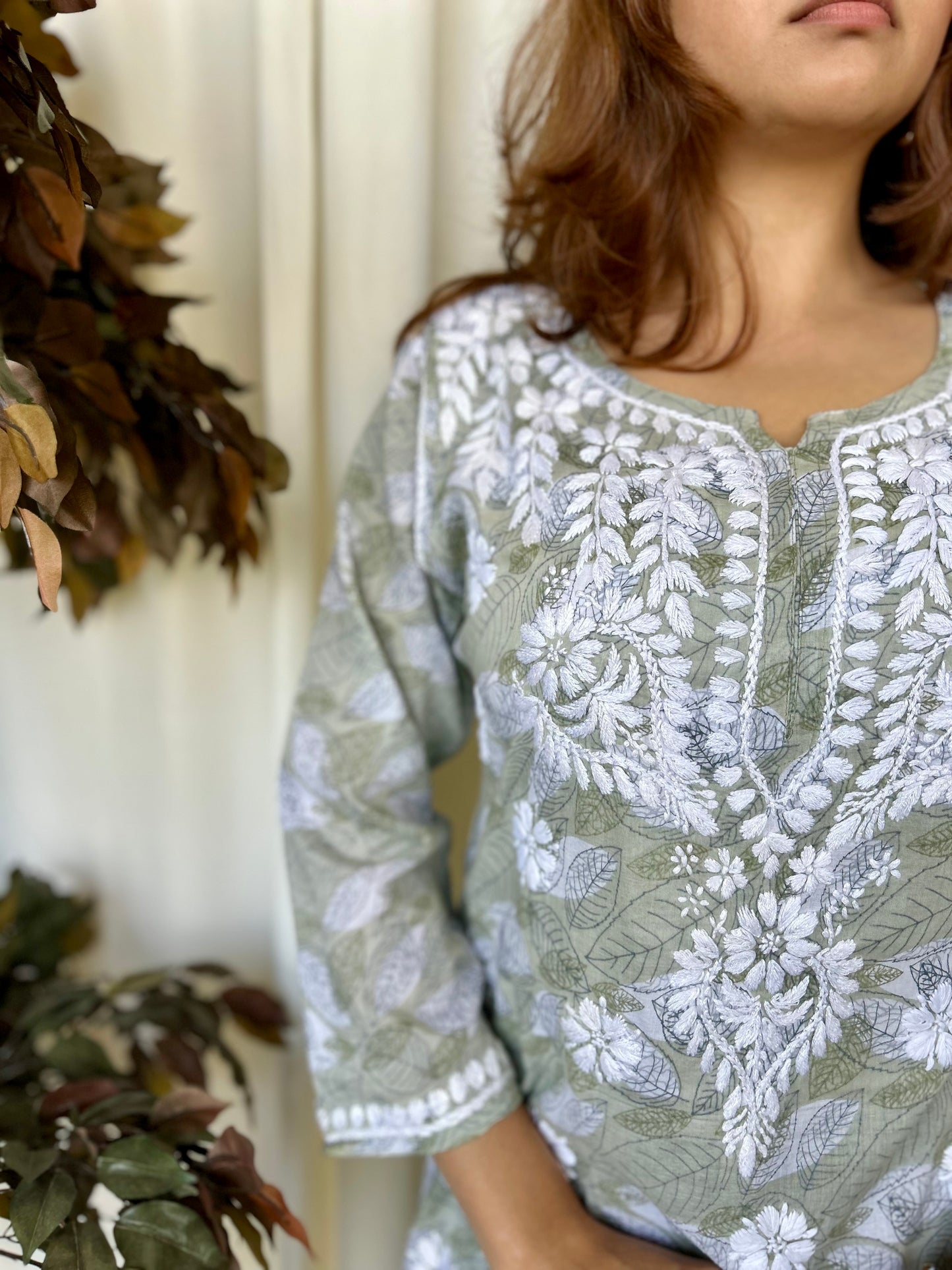 Green Chikankari Straight Mul Short Kurti - Desi Hart