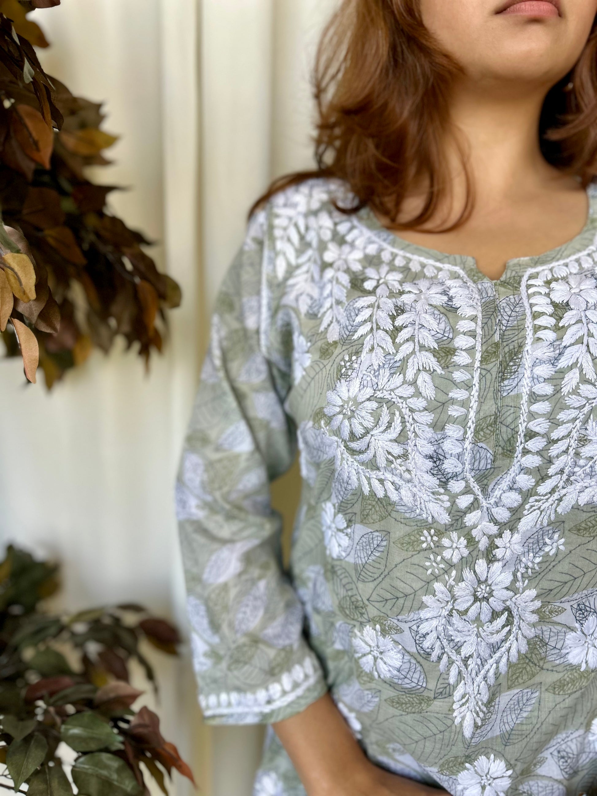 Green Chikankari Straight Mul Short Kurti - Desi Hart