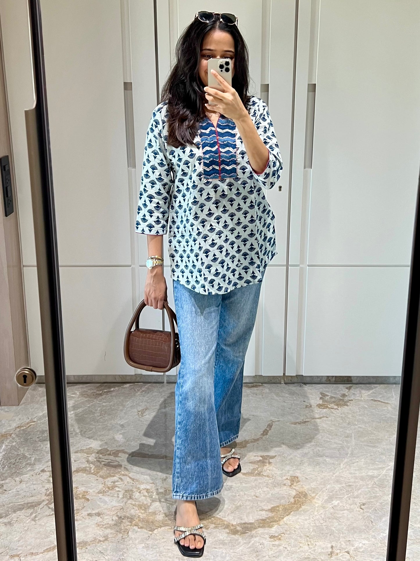 Indigo Dabu Straight Cotton Short Kurti - Desi Hart