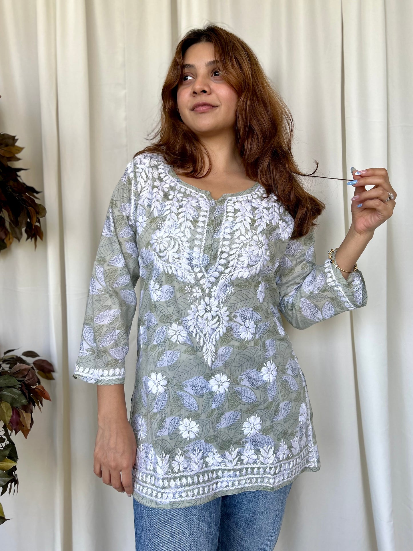 Green Chikankari Straight Mul Short Kurti - Desi Hart