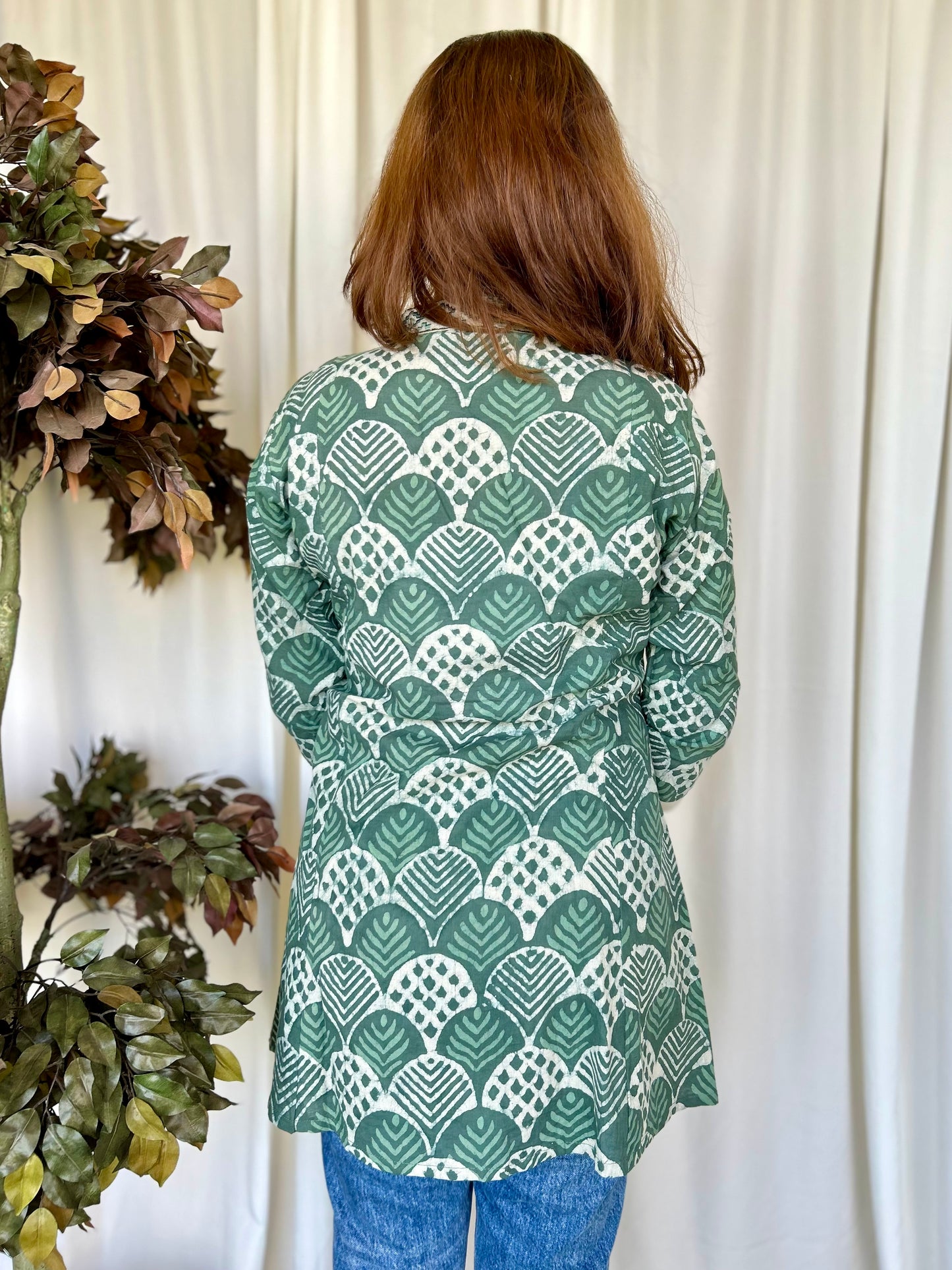 Green Dabu Flared Cotton Short Kurti - Desi Hart