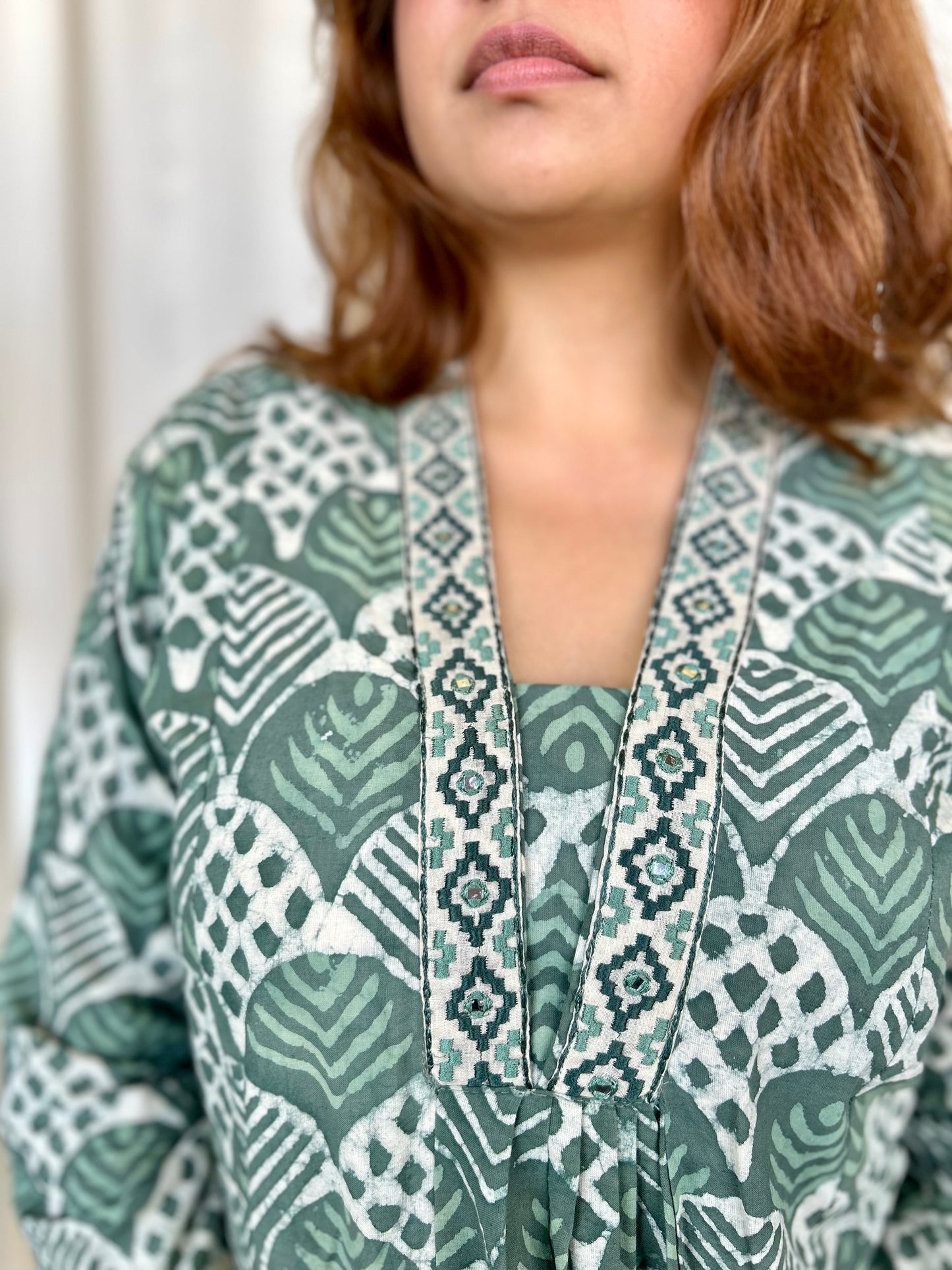 Green Dabu Flared Cotton Short Kurti - Desi Hart