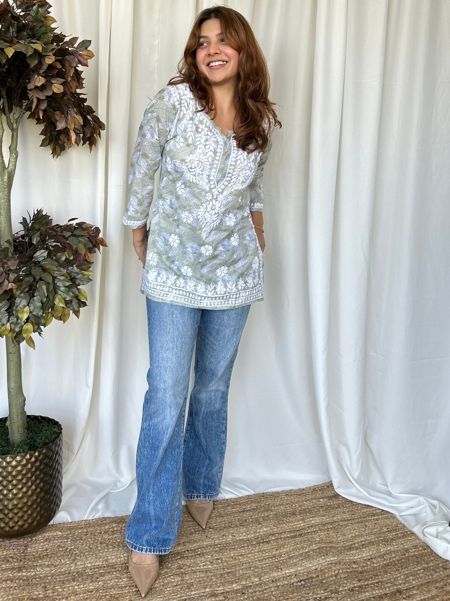 Green Chikankari Straight Mul Short Kurti - Desi Hart