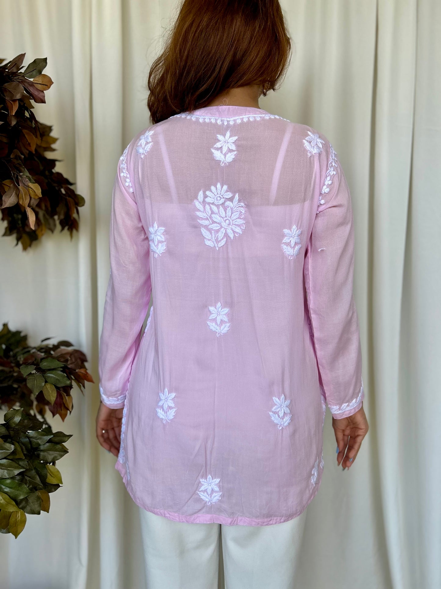 Pink Chikankari Relaxed Modal Short Kurti - Desi Hart