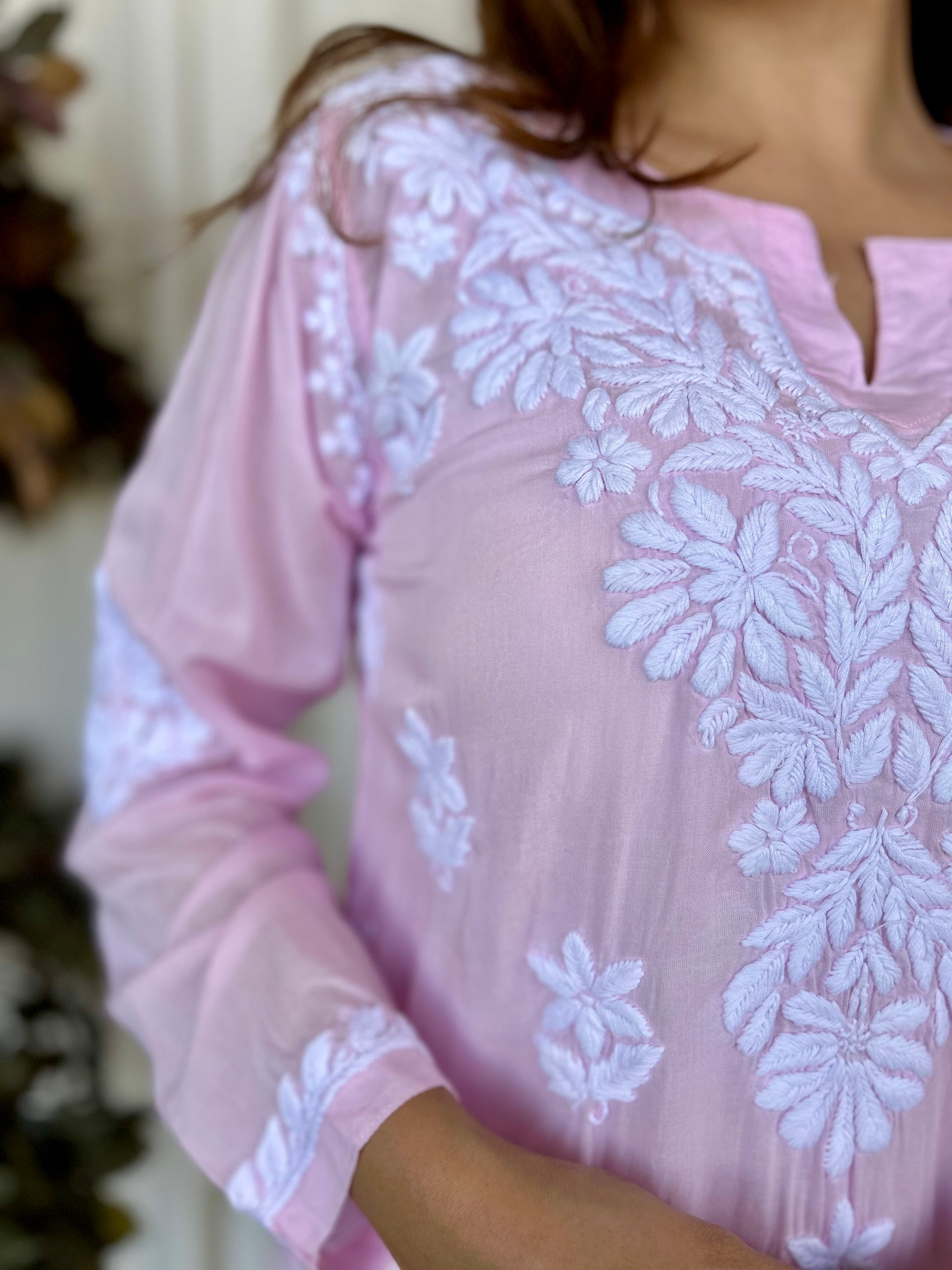 Pink Chikankari Relaxed Modal Short Kurti - Desi Hart
