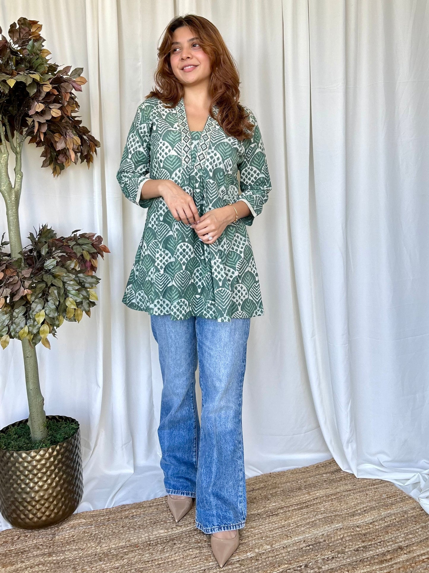 Green Dabu Flared Cotton Short Kurti - Desi Hart