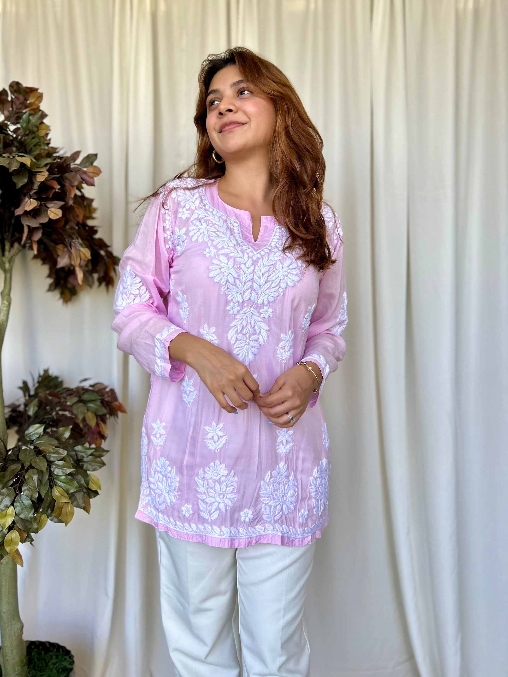 Pink Chikankari Relaxed Modal Short Kurti - Desi Hart