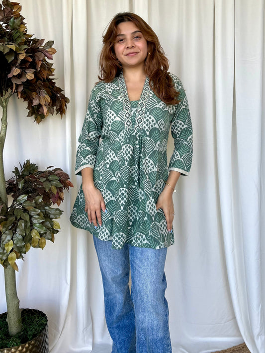 Green Dabu Flared Cotton Short Kurti - Desi Hart