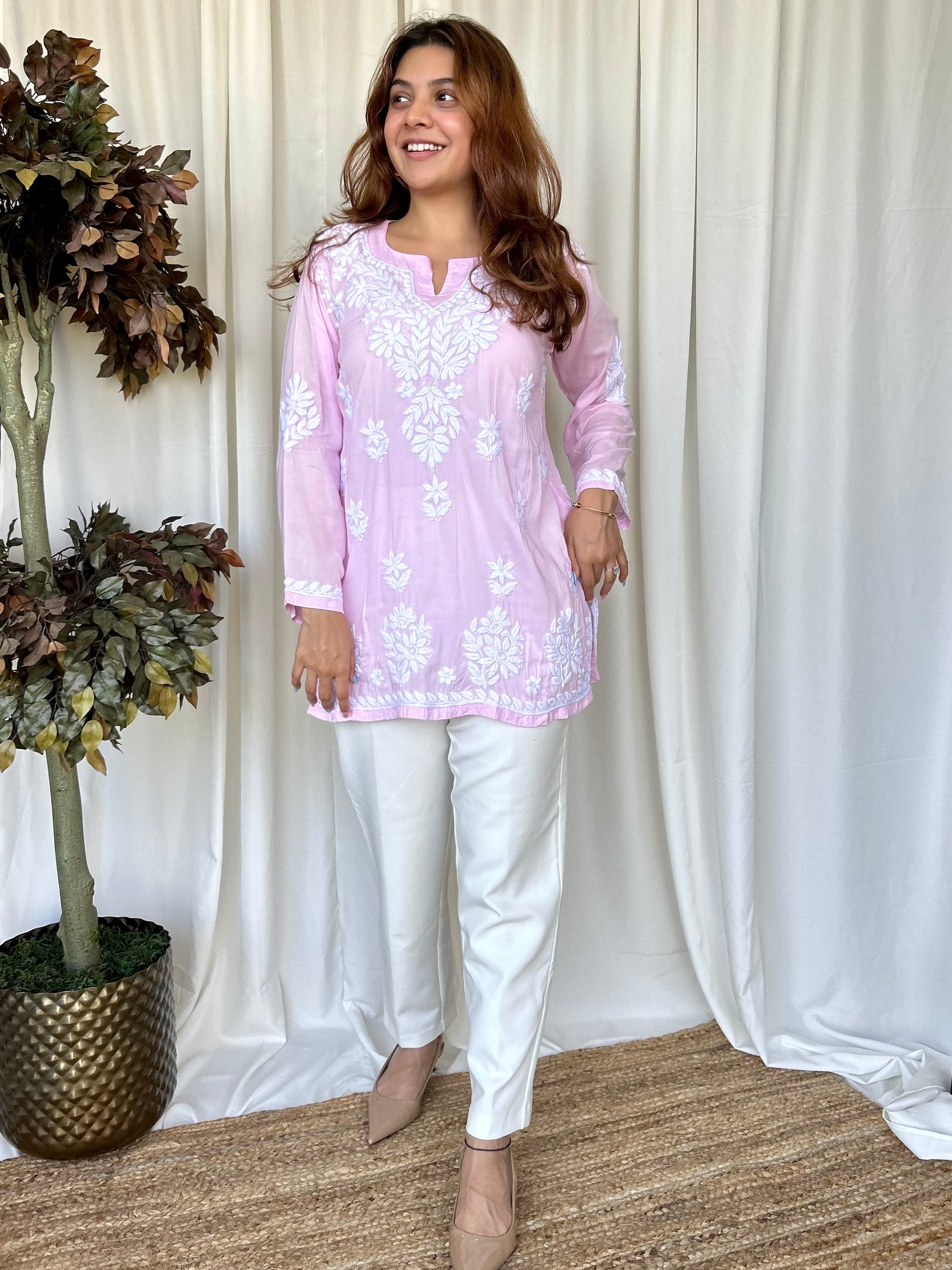 Pink Chikankari Relaxed Modal Short Kurti - Desi Hart